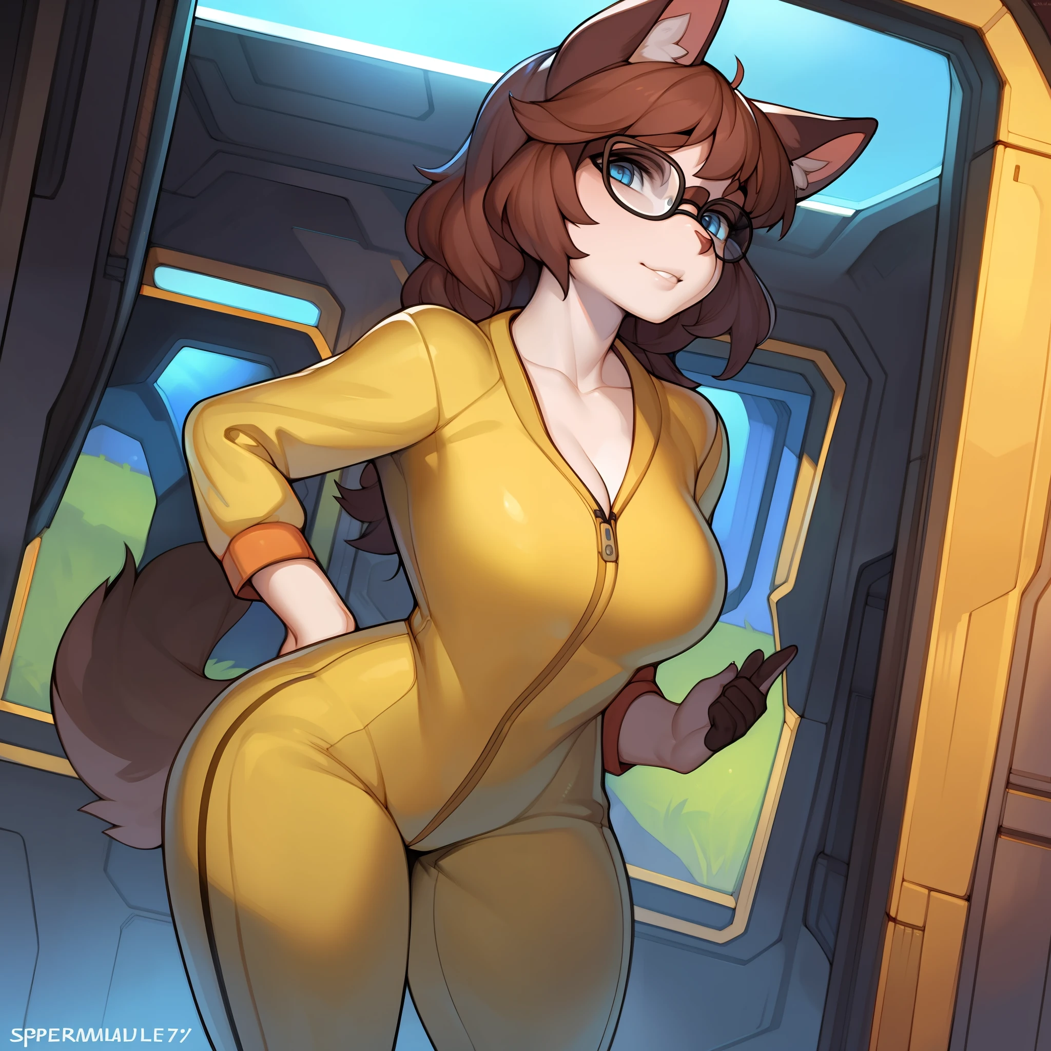 By chelodoy, by spikedmauler, by cervina7, by spuydjeks, by buta99, solo, female, standing, lips, one blue eyes and one brown eye, walnut hair, medium hair, wavy hair, glasses, feline, brown fur, detailed eyes, detailed hands, yellow spacesuit, window, spaceship, spaceport
