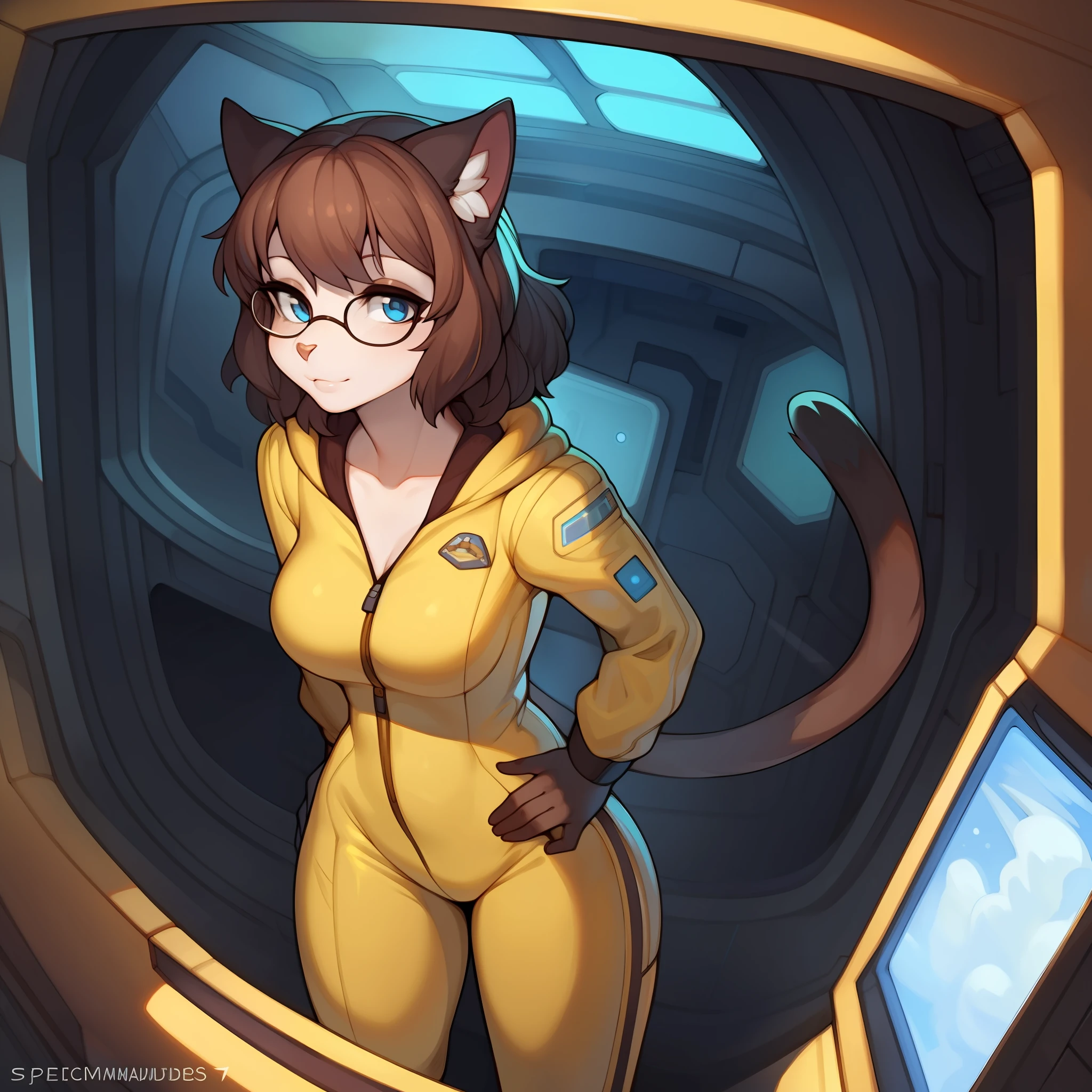 By chelodoy, by spikedmauler, by cervina7, by spuydjeks, by buta99, solo, female, standing, lips, one blue eyes and one brown eye, walnut hair, medium hair, wavy hair, glasses, feline, brown fur, detailed eyes, detailed hands, yellow spacesuit, window, spaceship, spaceport