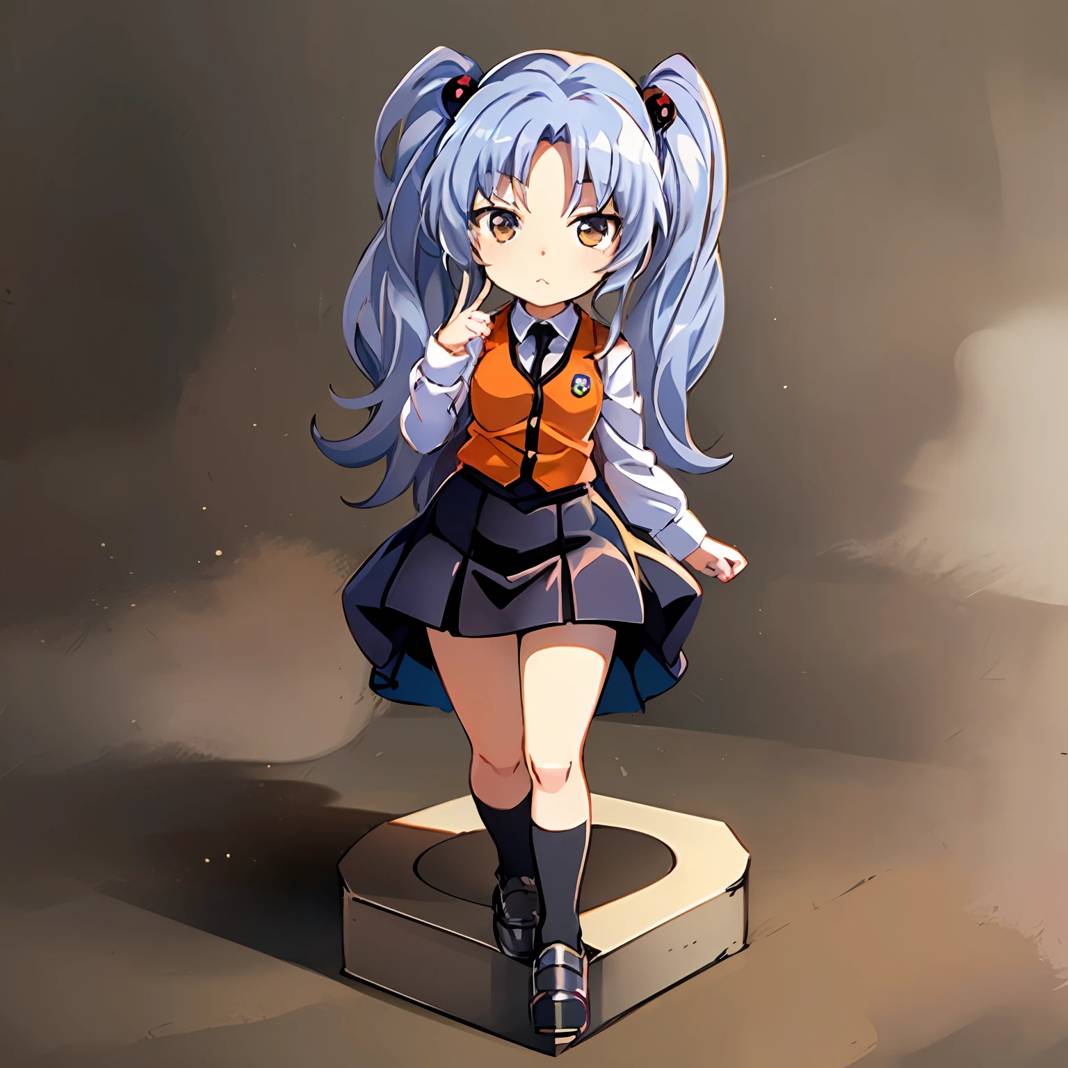 ((masterpiece)), ((((chibi anime)))), 1girl, solo ((((no background)))), ((((nendroid)))), ruri, black tie, (orange vest), black tight skirt, silver hair, twintails, tsurime, white long sreeve