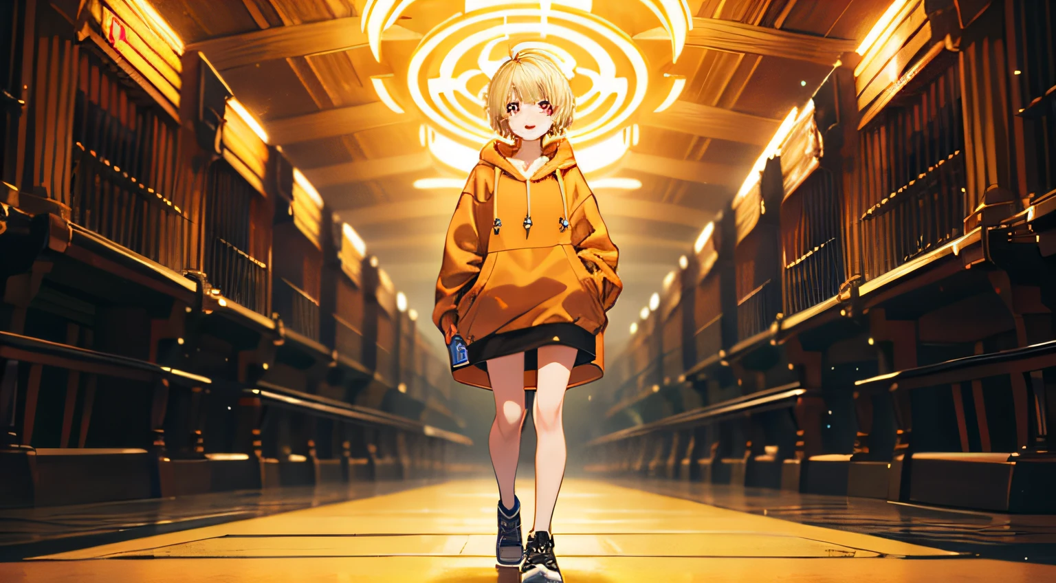 Blonde short hair, golden eyes, orange hoodie, woman alone, full body, happy background --auto