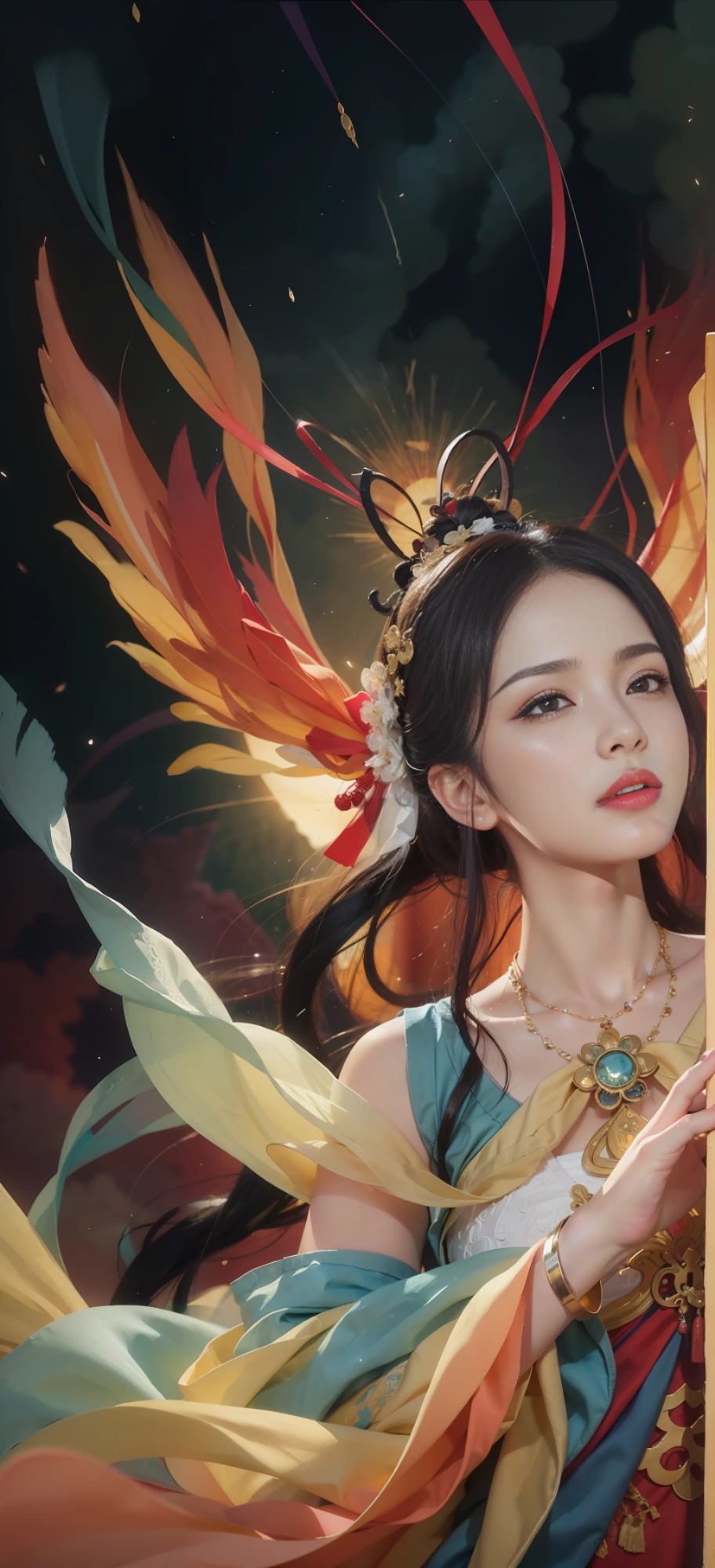 (Masterpiece, top quality, best quality, extreme detail, highest detail, official art, Beauty and Aesthetics: 1.2), Colorful, Denim Shot, Upper Body Shot, Beautiful Face, Solo, Perfect Body, On the Sky Clouds, Fairy, Flowing Streamers, Sun Rays, Clouds, Full Body, Hanfu, Chinese Clothes, White Dress, Water, Fireflies, Night, Starry Sky, Jewelry, Feathers on Dresses, Peacock Feathers, Light Particles, Volumetric Lighting, Ray Tracing (Flowing Streamers: 1.1), (Fantasy: 1.2), Illuminator, Stars, Fantasy, High Contrast, Ink Strokes, Overexposure, Purple and Red Tone Impressions, Abstract, ((Watercolor by John Berkey and Jeremy Man)) Brush Strokes,