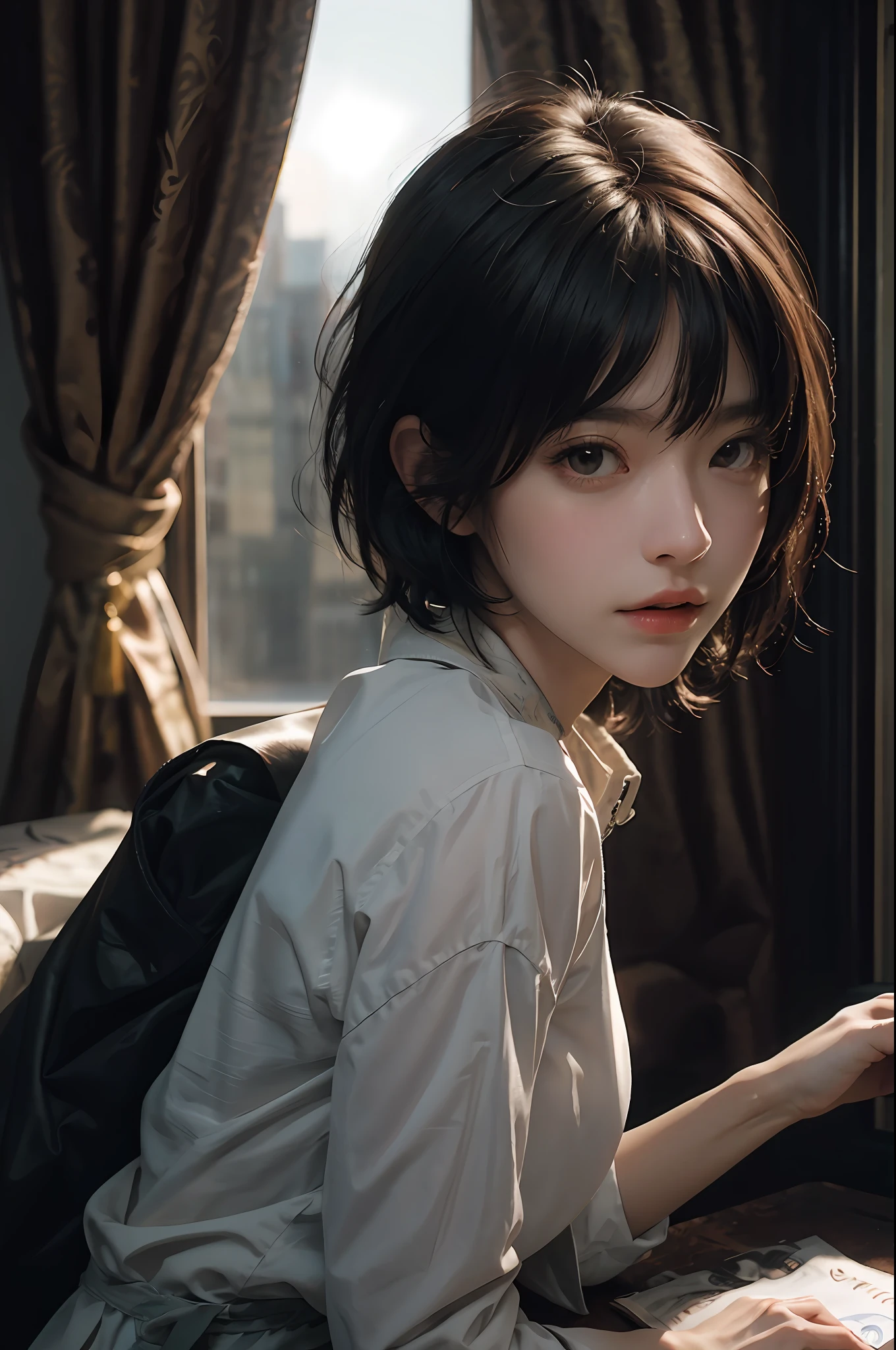 (RAW photo, highest quality), (realistic, photorealistic: 1.3), highest quality, high definition, masterpiece, super detail, illustration, 1girl, whole_body, dynamic angle, world masterpiece theater, messy_long_hair, top quality, highly detailed CG Unity 8k wallpaper, ink, amazing, cinematic lighting, lens_flare, dunhuang_ style, ((very short hair)), pretty breasts