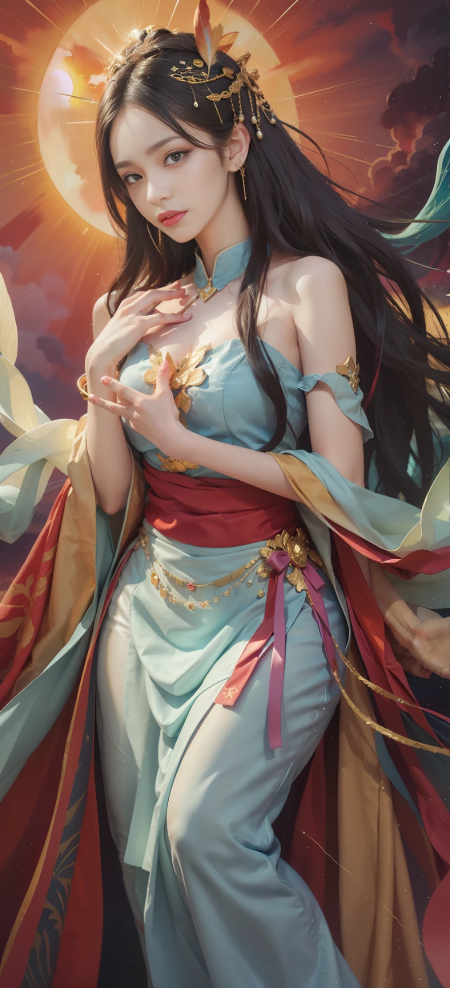 (Masterpiece, top quality, best quality, extreme detail, highest detail, official art, Beauty and Aesthetics: 1.2), Colorful, Denim Shot, Upper Body Shot, Beautiful Face, Solo, Perfect Body, On the Sky Clouds, Fairy, Flowing Streamers, Sun Rays, Clouds, Full Body, Hanfu, Chinese Clothes, White Dress, Water, Fireflies, Night, Starry Sky, Jewelry, Feathers on Dresses, Peacock Feathers, Light Particles, Volumetric Lighting, Ray Tracing (Flowing Streamers: 1.1), (Fantasy: 1.2), Illuminator, Stars, Fantasy, High Contrast, Ink Strokes, Overexposure, Purple and Red Tone Impressions, Abstract, ((Watercolor by John Berkey and Jeremy Man)) Brush Strokes,