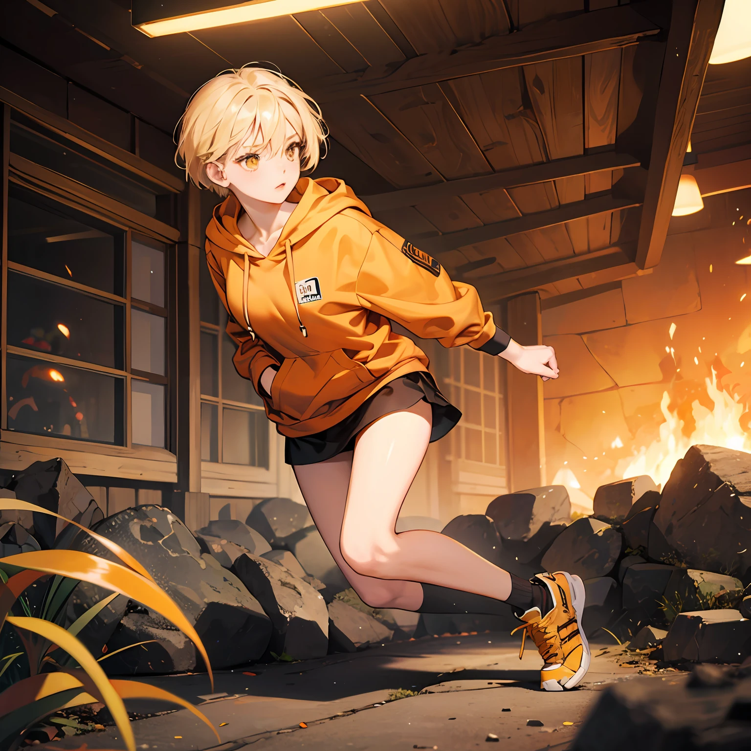 Blonde short hair, golden eyes, orange hoodie, woman alone, full body, due action --auto