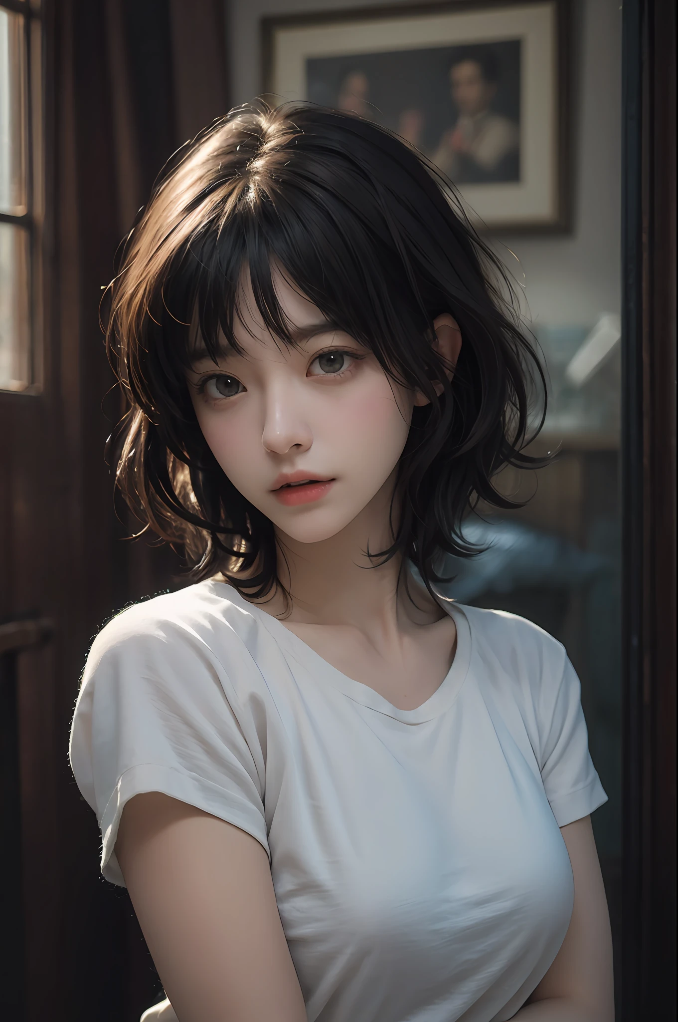 (RAW photo, highest quality), (realistic, photorealistic: 1.3), highest quality, high definition, masterpiece, super detail, illustration, 1girl, whole_body, dynamic angle, world masterpiece theater, messy_long_hair, top quality, highly detailed CG Unity 8k wallpaper, ink, amazing, cinematic lighting, lens_flare, dunhuang_ style, ((very short hair)), pretty breasts