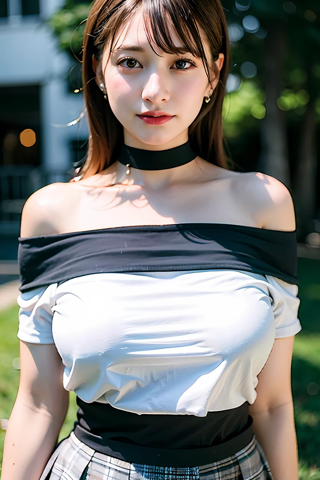 best quality, ultra high res, (photorealistic:1.4), 1girl, off-shoulder white shirt, black tight skirt, black choker, (faded ash gray hair:1), (huge breasts:1.2), looking at viewer, closeup ,