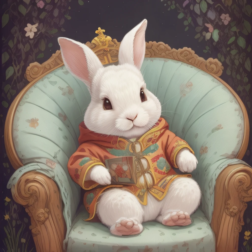 Picture book illustrations for children、Rabbit dressed in king's clothes sitting on a throne、White rabbit、biped、Rabbit personification、3頭身、Setting image、cuddly、Two rabbit ears、color illustration、Configuration Materials、Colorful colors、Deformed rabbit、18世紀フランスの服、