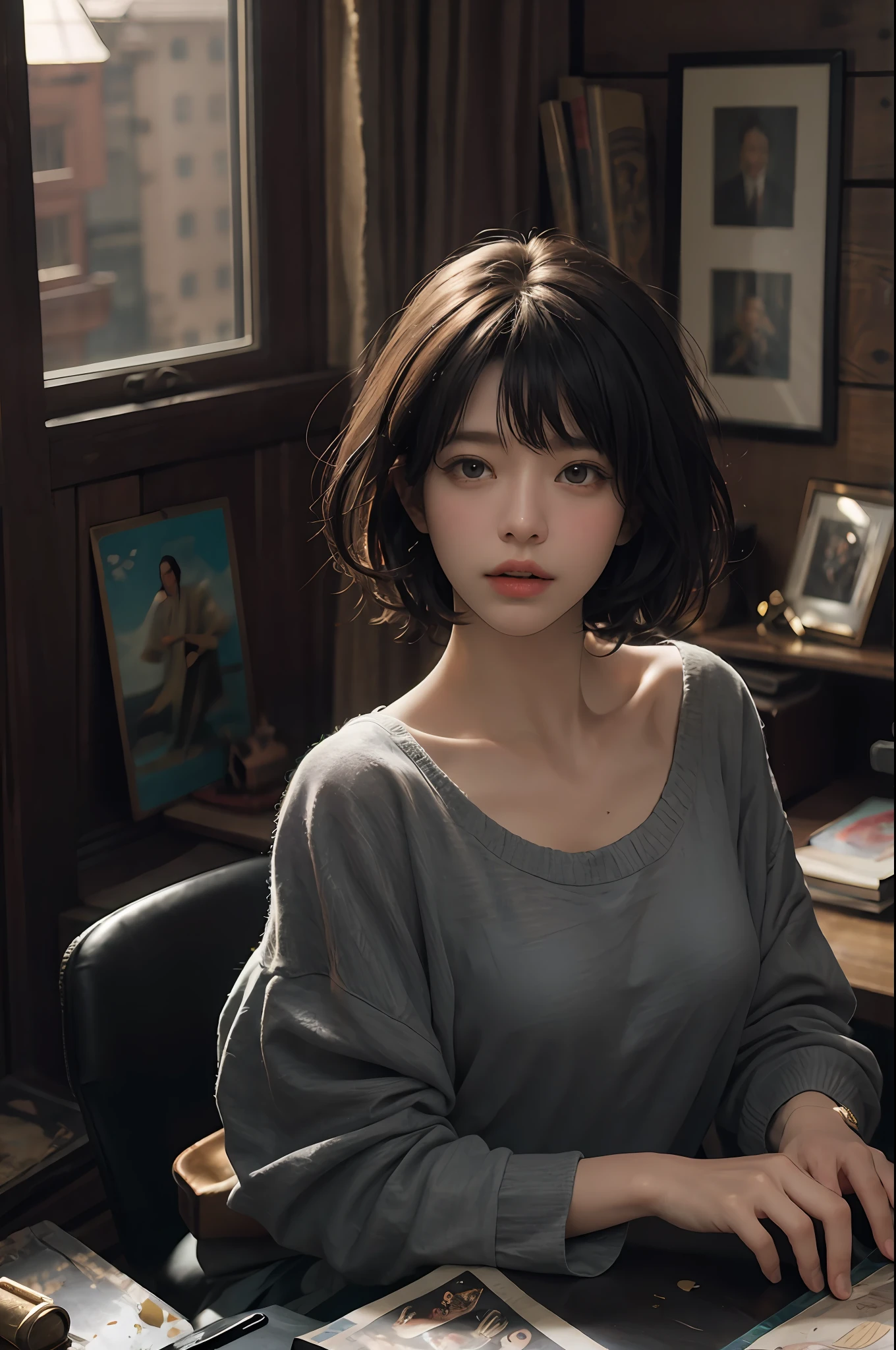 (RAW photo, highest quality), (realistic, photorealistic: 1.3), highest quality, high definition, masterpiece, super detail, illustration, 1girl, whole_body, dynamic angle, world masterpiece theater, messy_long_hair, top quality, highly detailed CG Unity 8k wallpaper, ink, amazing, cinematic lighting, lens_flare, dunhuang_ style, ((very short hair)), pretty breasts