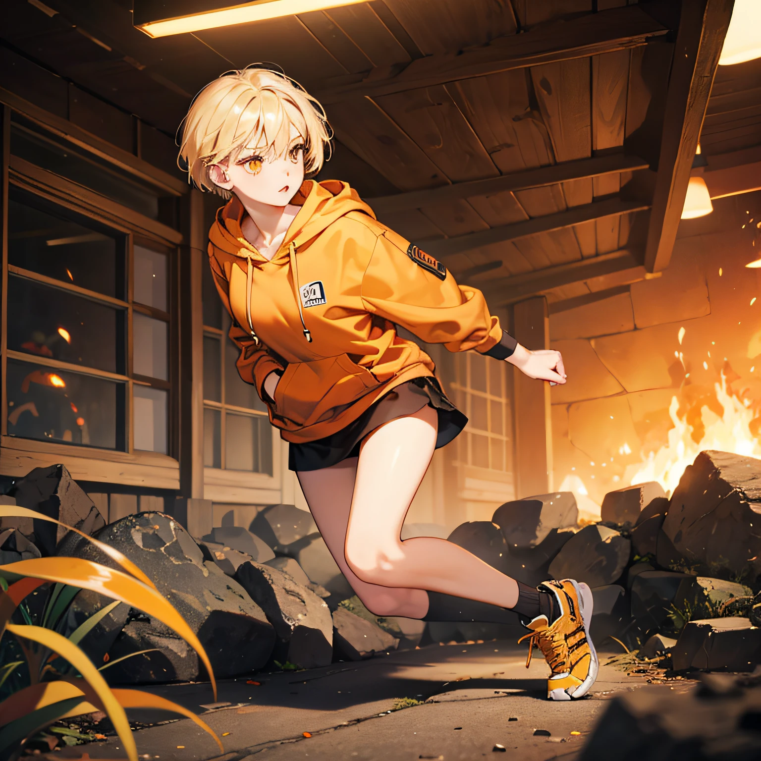 Blonde short hair, golden eyes, orange hoodie, woman alone, full body, due action --auto