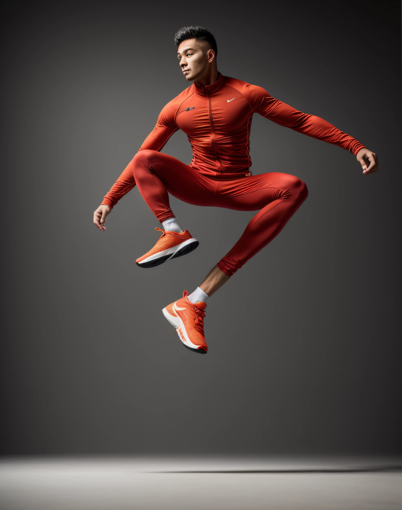 a man, arm, athletic body, clothes in orange tones, pants, shirt without logo, sneakers, jumping position, floating, jumping, jumping in front of camera, realistic photo, mega detailed, photo of a real person, ultra hd, 8k, photo taken on camera Canon EOS Kit RP + 24-105mm IS STM lens, best quality, full body shot, 9:19, 1boy,  25 years old