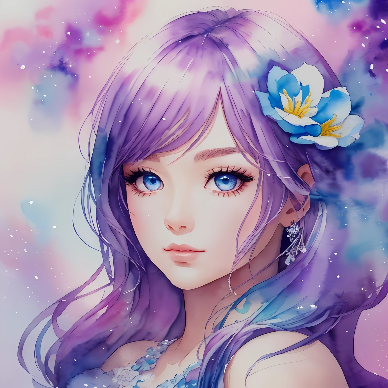 (Best Quality), (Masterpiece: 1.2), (Colorful: 0.9), (Ink Splash), (Color Splash), (Watercolor)), Sharp Focus, (Portrait Summer Goddess: 1.5), Cute Look, Elegant Blue-Violet Haircut, Beautiful Detailed Face and Eyes, Elegant Clothes, Winter Snow Background, Colored Water