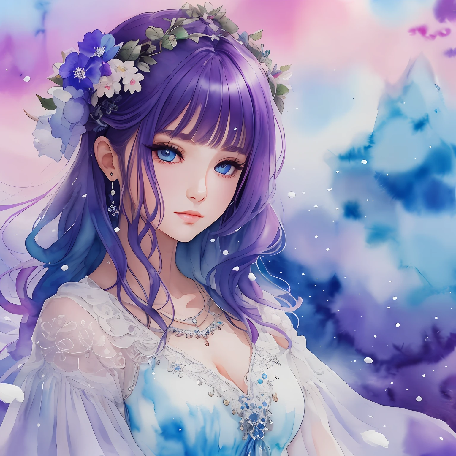 (Best Quality), (Masterpiece: 1.2), (Colorful: 0.9), (Ink Splash), (Color Splash), (Watercolor)), Sharp Focus, (Portrait Summer Goddess: 1.5), Cute Look, Elegant Blue-Violet Haircut, Beautiful Detailed Face and Eyes, Elegant Clothes, Winter Snow Background, Colored Water
