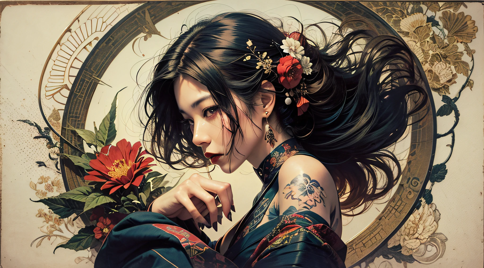 Japanese woman on her back taking off kimono,back tattooed,looking in profile,looking to the side,shoulders,shirtless,loose and messy hair,red flower in hair,black hair,red lipstick,dark makeup,hand drawn,art nouveau