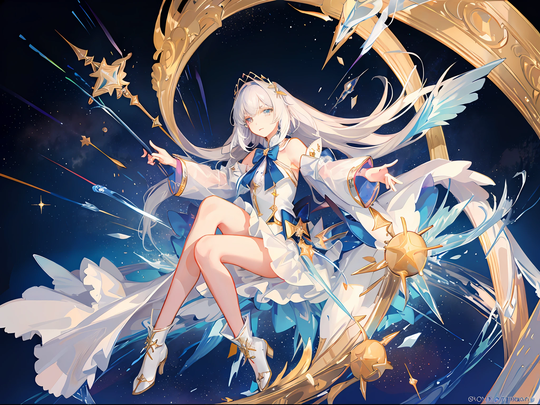 ((magical girl)), ((gorgeous starry sky background)), ((ultra-detailed)), ((best illustration)), ((cinematic lighting)), dynamic angle, floating, finely detailed, (glitter:1.2), (sparkle:1.2), (shine:1.2), classic, (painting:1.1), (sketch:1.1), (best quality), (masterpiece:1.2), (anime style), (solo), beautiful detailed face, (cute face:1.3), (big eyes:1.3), colorful hair, (long hair:1.2), (floating hair:1.2), (magical girl outfit), detailed outfit, (sparkling wand:1.3), (magical effects:1.3), (flowing skirt:1.2), (cute boots:1.1), (transparent fabric:1.1), (twinkle:1.2), (glow:1.2), (radiance:1.2), (flicker:1.2), (dazzle:1.2)