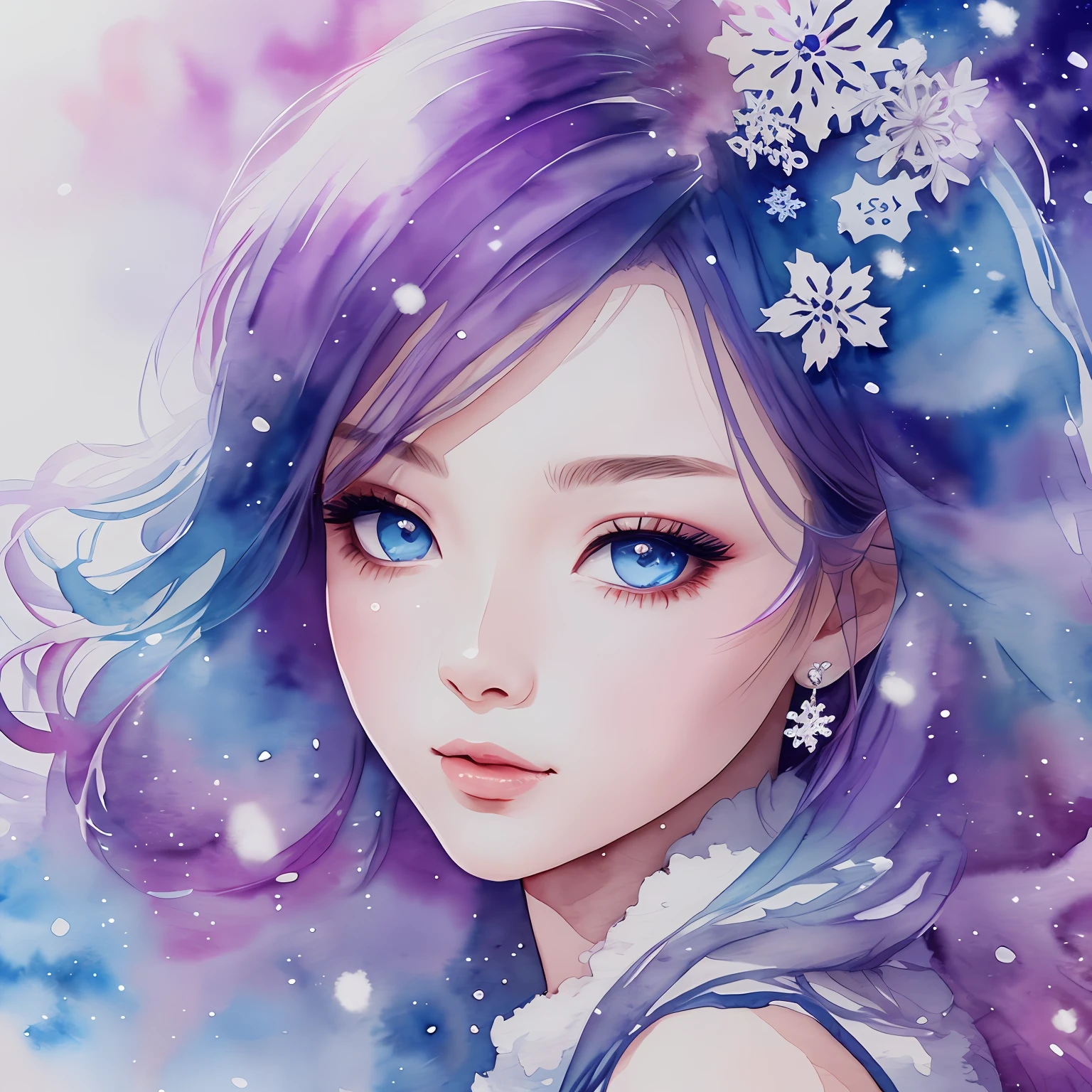 (Best Quality), (Masterpiece: 1.2), (Colorful: 0.9), (Ink Splash), (Color Splash), (Watercolor)), Sharp Focus, (Portrait Summer Goddess: 1.5), Cute Look, Elegant Blue-Violet Haircut, Beautiful Detailed Face and Eyes, Elegant Clothes, Winter Snow Background, Colored Water