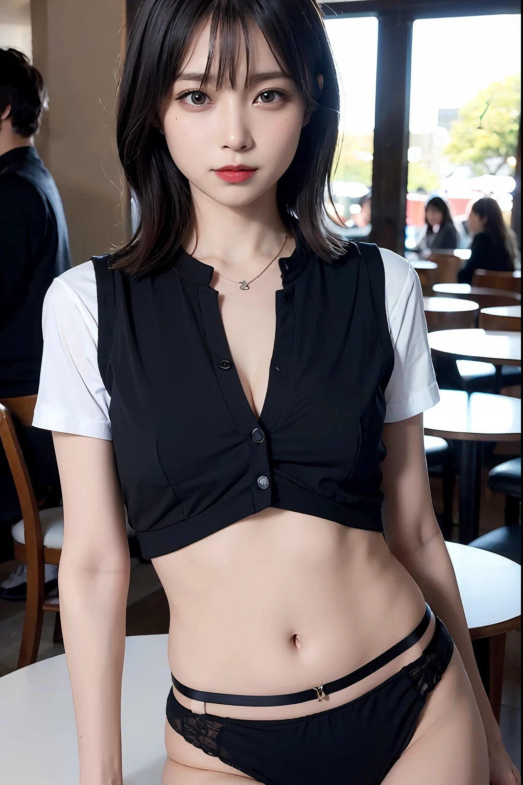 (((Medium hair))), Top Quality, 8K, HDR, Hi-Res, Absurdity: 1.2, Photography, (RAW Photos: 1.2), (Photorealistic: 1.4), (Masterpiece: 1.3), (Complex Details: 1.2), 1 Girl, Solo, Japan girls, Delicate and beautiful details, (Detailed eyes), (Detailed facial features), Petite, (Small breasts))), Toned Skin, ( looking_at_viewer), from_front, (Skinny), (Best Quality: 1.4), (Ultra High Definition: 1.2), Cinemalite, (Extreme Detail Illustration), (Lip Gloss, Best Quality, Ultra High Resolution, Depth of Field, Caustics, Broad Lighting, Natural Shading, 85mm, f / 1.4, ISO 200, 1/160 sec: 0.75), 1 girl, solo, ((blue vest))) smile, (black sexy lingerie, garter ring, celebrity underwear, expensive underwear), necklace, fashionable café: 1.3, black neat and clean clothes, nogizaka idol, gravure idol, beauty, (black bra: 1.4),