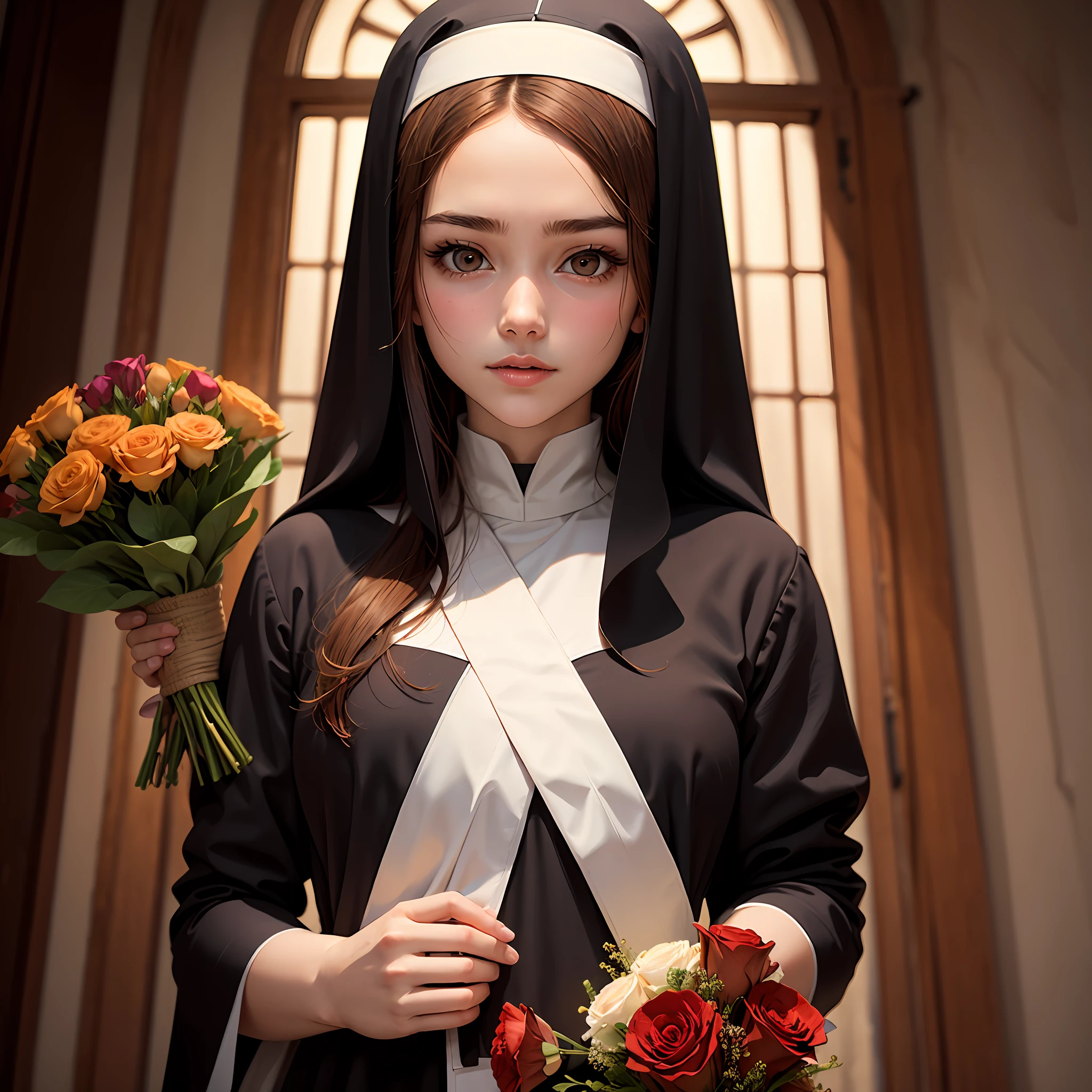 young face, brown hair,brown colored eyes, bouquet of flowers in hand of red color,nun's clothing,cross,in hand, brown color --auto