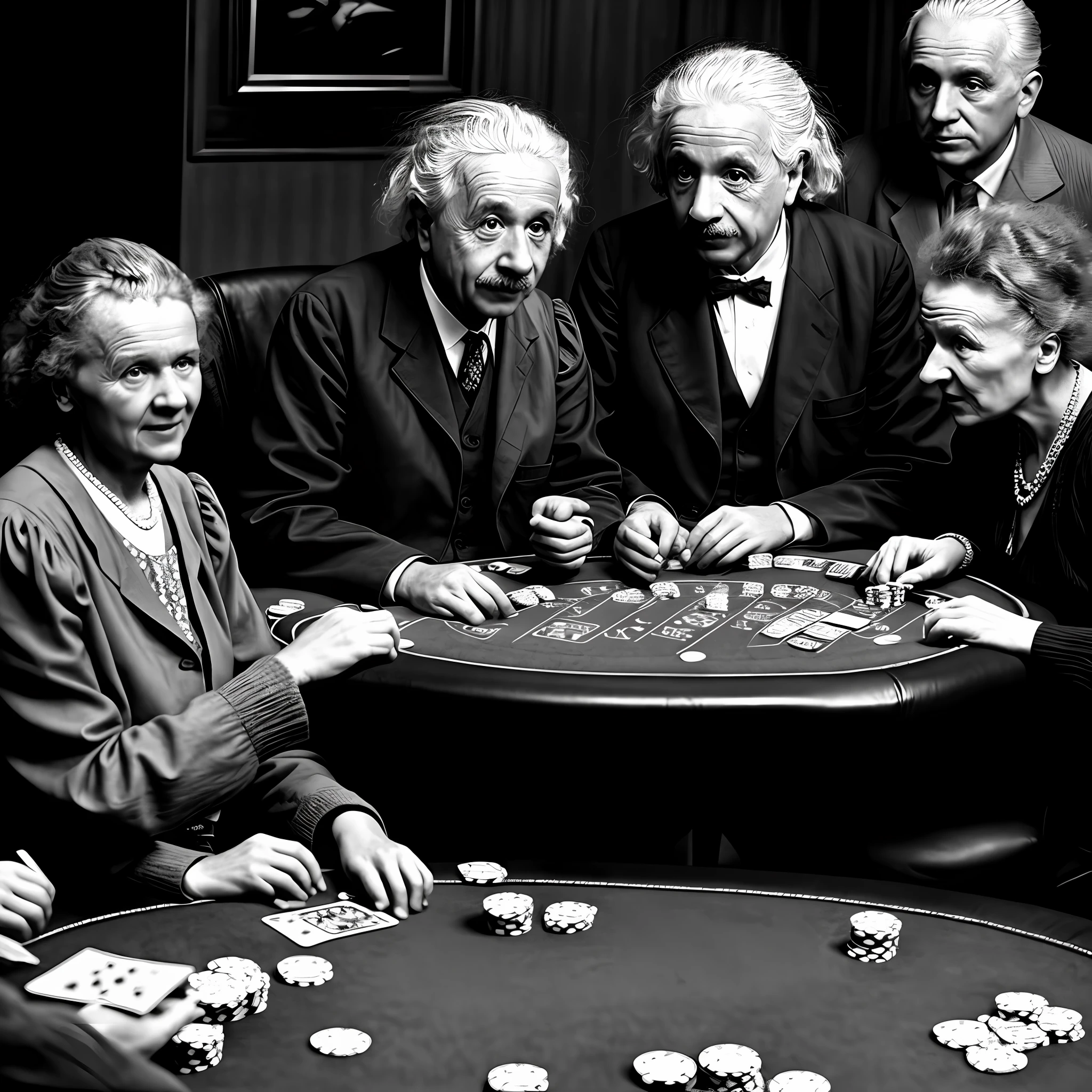 Albert Einstein playing poker with Marie Curie::1.7 realistic::1.8 photorealistic::2 dusk::1 telephoto lens::1 defocus::-0.5 --v 4 --seed 0875486