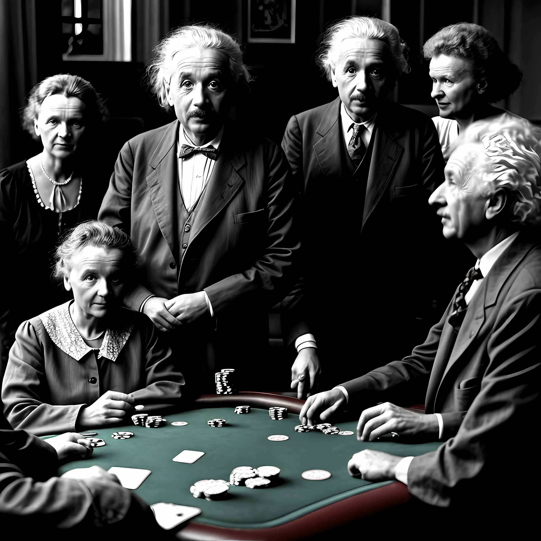 Albert Einstein playing poker with Marie Curie::1.7 realistic::1.8 photorealistic::2 dusk::1 telephoto lens::1 defocus::-0.5 --v 4 --seed 0875486