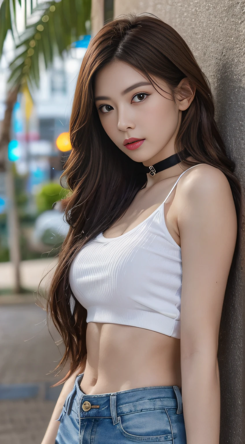 ((Top Quality, 8k, Masterpiece: 1.3)), Crisp Focus: 1.2, Beautiful Women in Perfect Style: 1.4, Slender Abs: 1.2, ((Dark Brown Hair, Big: 1.2)), Angel Face, Detailed Face, Beautiful Girl, Cute, White T-shrt, Jeans, Waikiki Beach: 1.2, Palm Tree, (Front Shot), (Full Length Photo: 1.3,), Highly detailed face and skin texture, detailed eyes, double eyelids (Cowboy Shot: 1.2),(Perfect Anatomy:1.2),(Wide Hips:1.1), Choker, Plumeria, Hibiscus