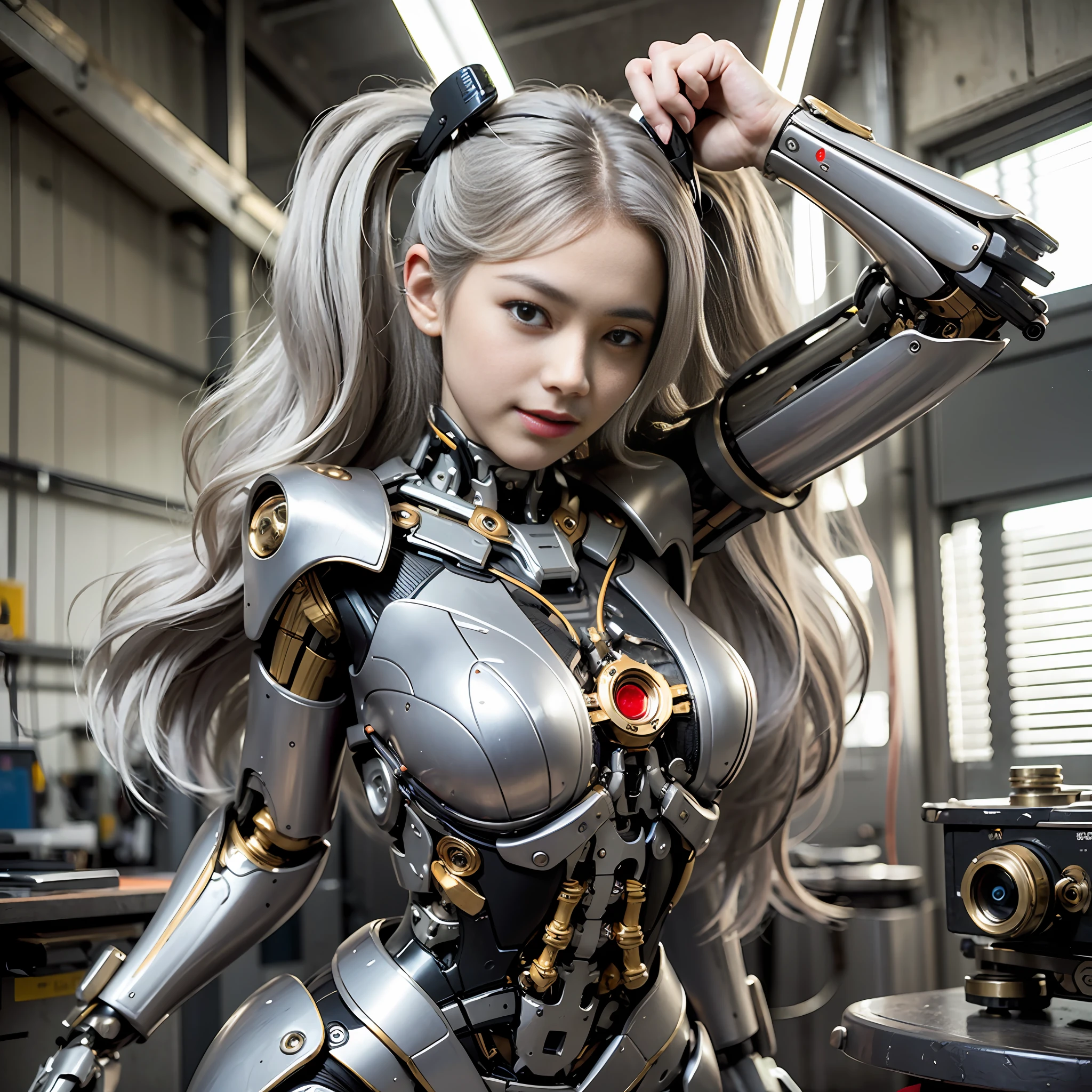 Beautiful Face,face is Japan, 1 Woman, Big, Curvaceous, (16k, RAW photo, top quality, masterpiece: 1.2), (HDR, Realistic, Photorealistic: 1.37) (tube attached to the body), (Bikini Cyborg robot parts)))), (light gray hair), Long hair, Wavy hair, Twin tails, Medium shot, ( Seductive smile)), (black eyes), double eyelids, princess cut, from below, (whole body),posing,,in the lab,( tube connected to blood vessel),((mechanical vertebrae attached to the back)),((mechanical neck attached to the neck)),(wire and cable attached to head and body),(character focus),science fiction,perfect female figure,perfect anatomy, hyperanatomy, full body shot, relationship between up to 4 fingers and 1 thumb, spherical joint,