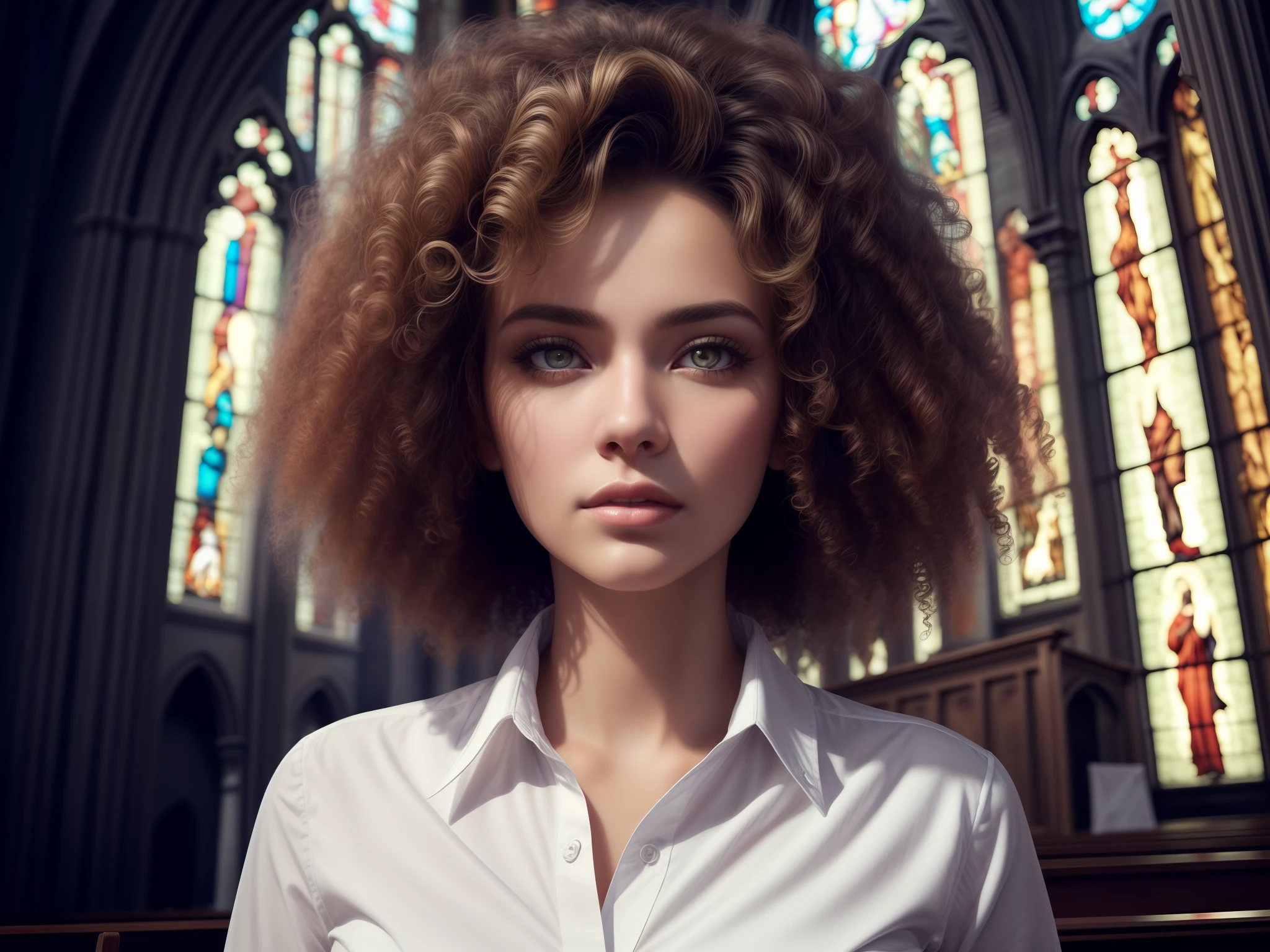 (((beautiful woman in a church, wearing white shirt)))), (((curly hair))), black,, [red_matte_makeup:2], matte_makeup RAW, Nikon Z 14mm ultra-wide-angle lens, award-winning glamour photography, ((best quality)), ((masterpiece)), ((realistic)), subsurface scattering, radiant light rays, high resolution, detailed facial features, high detail, sharp focus, smooth, aesthetic, extremely detailed, (extremely detailed eyes, extremely detailed iris),  extremely detailed hair, extremely detailed skin, extremely detailed clothing, octane rendering, photorealistic, post-processing, maximum details, realistic shadows, roughness, natural skin texture, real life, ultra-realistic, photorealism, photography, 8k UHD, photography, hdr, intricate, elegant, highly detailed, sharp focus, stunning, beautiful, beautiful, (photorealistic), (realistic), teacher, solo, highly detailed, masterpiece, ultra-detailed, illustration,  [(color colors of psychedelic explosion painting:1.21)::0.2], angelic look, brown and detailed eyes, intricate face, black background, simple background, dear, high contrast, (secret: 0.9),@Ricardo Catti