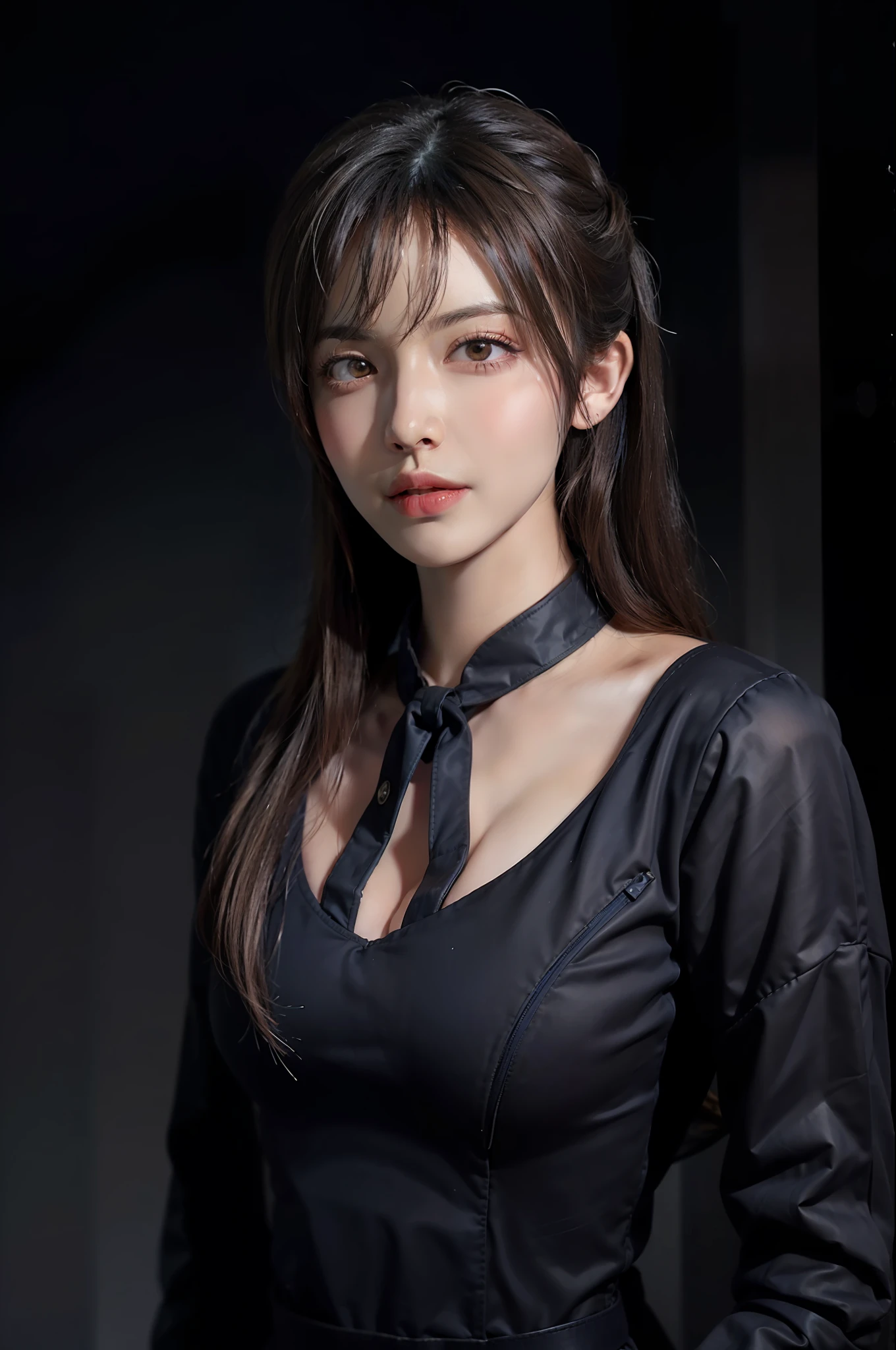 Hyperrealist portrait of female by david hockney and alphonse mucha,fantasy art, photo realistic, dynamic lighting, artstation, poster, volumetric lighting, very detailed faces, 4 k, award winning,, 1girl, in the dark, deep shadow, low key,cowboy shot,(official clothing:1.4) ,long hair,white hair,