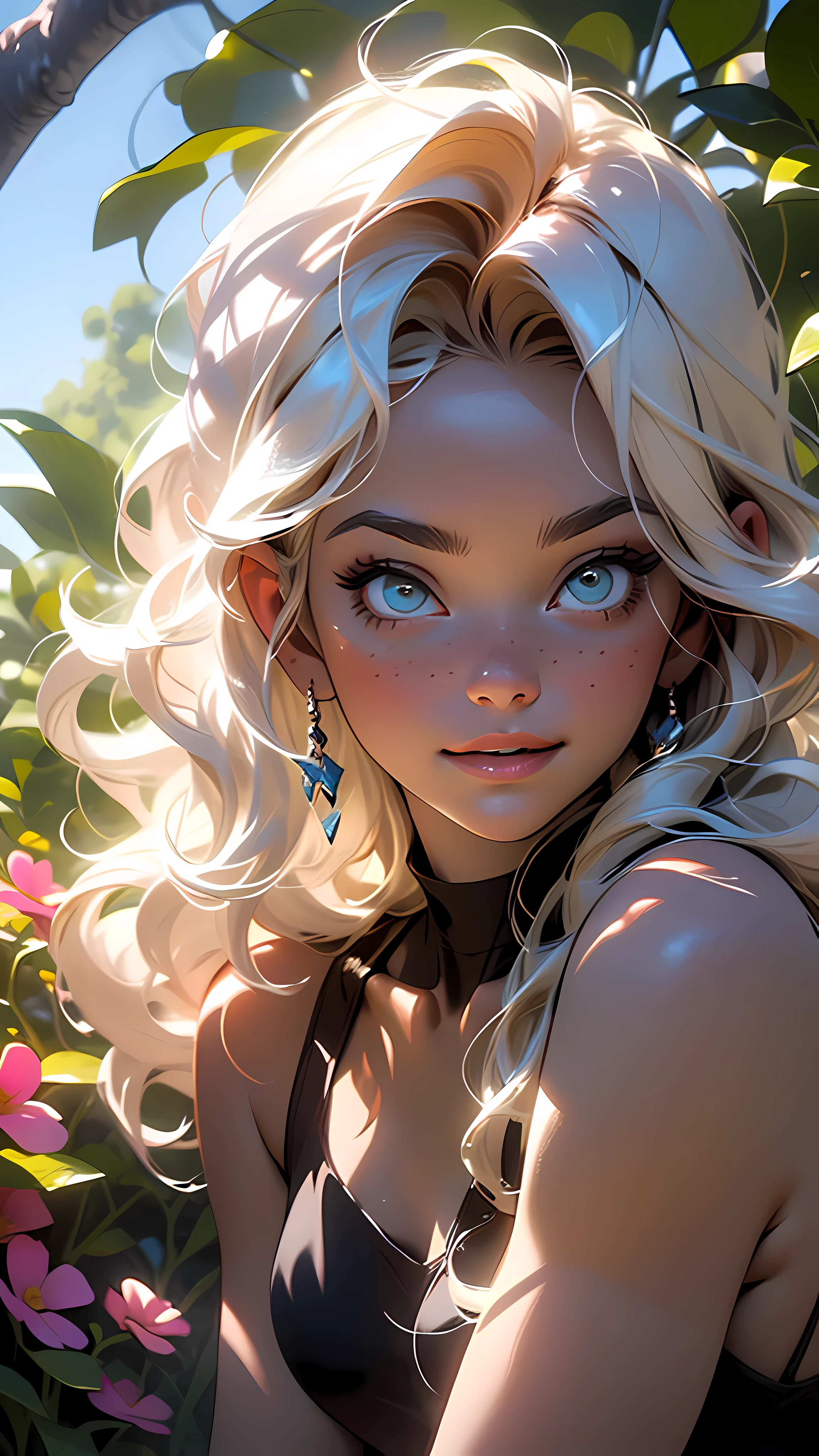 melancholy lighting, quiet, calm, brightness, masterpiece, best quality, 1girl, (JinxLol:1.2), (ultra photorealistic:1.3), (masterpiece:1.4), best quality, ((realistic)), high quality, ultra detailed, ((Real image)), ((realistic skin)), ((realistic face)),(illustration:1.05), (beautiful:1.05), (beautiful detailed eyes:1.05), (cinematic light:1.1), Full body, precise proportions, 18-year-old girl, skinny model lying on the grass, surrounding garden,  tree shadow, hair fluttering in the wind, COLORFUL CLOTHING, long legs, slightly open feet, buttocks, blush, shyness, collarbone, abdominals, double weave, beautiful and delicate face, fair skin, real skin, (face detail), pores, super high resolution, 8k, parameters Best quality, masterpiece, super high resolution, (Realistic 2.0), More details, detailed skin, wide smile, white teeth, voluminous curly hair,  perfect and well designed eyes, girlfriend, beautiful, beautiful, flowers, studio lighting