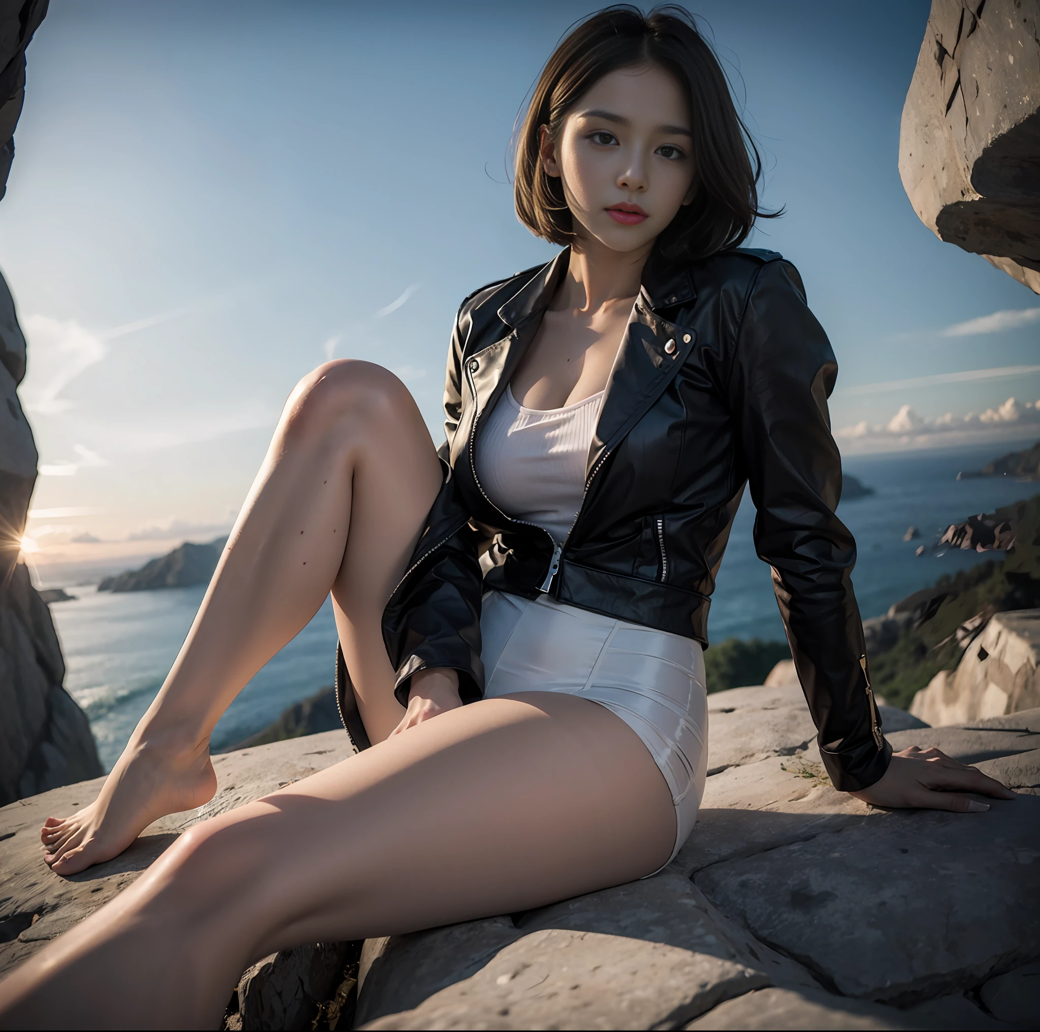 8k, a girl sitting on a stone on the edge of a cliff