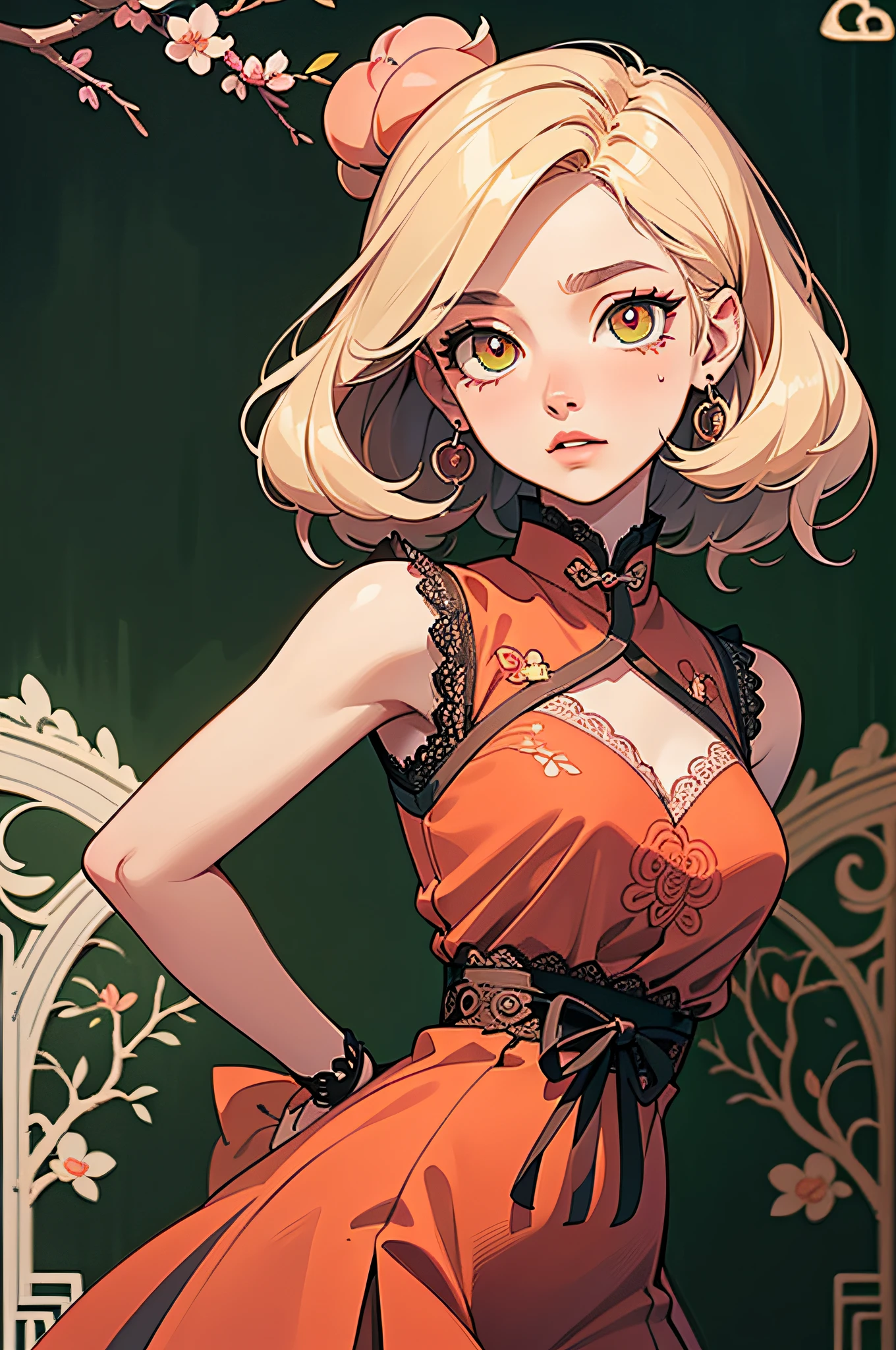 [Detailed illustrations, art based on extremely ideal anatomy, very detailed and detailed drawings, delicate lines with slow and urgent, realistic texture expression],(((Color tressed main lines)),(Artwork with outstanding craftsmanship),(Garden background),HENTAI KAWAII [ANIME Girl Chinese ((short stature) slim body) ] (hair),((peach blossom) 簪) (yellow dogi ( Dragon embroidery: 0.3)) ((lace ruffled ribbon)),((Tattoo:0.5)),(Colorful)) (功夫 (dynamicpose:0.4)),(High contrast:0.8),((Fine and beautiful skin expression (transparency)))),(((Clear gaze)),((Perfect eye details (Beautifully drawn pupils in detail))),((Long and beautiful eyelashes: 0. 4)),(Beautiful perfect face (Realistic face details: 0.5)),(((Glossy hair details)),(Perfectly proportioned proportions: 1.2))),(High-level built design,((Advanced structural understanding of materials)),Ideal color coordination),((Artistic decoration)) ((Dense details)),((Detail,High definition)),[(Precision Detail) ,((Multilayer texture)),HighQuality,High resolution],((Accurate simulation of light-material interaction, understanding of air flow, mechanically correct representation)),(((Visual art with narrative feel)).