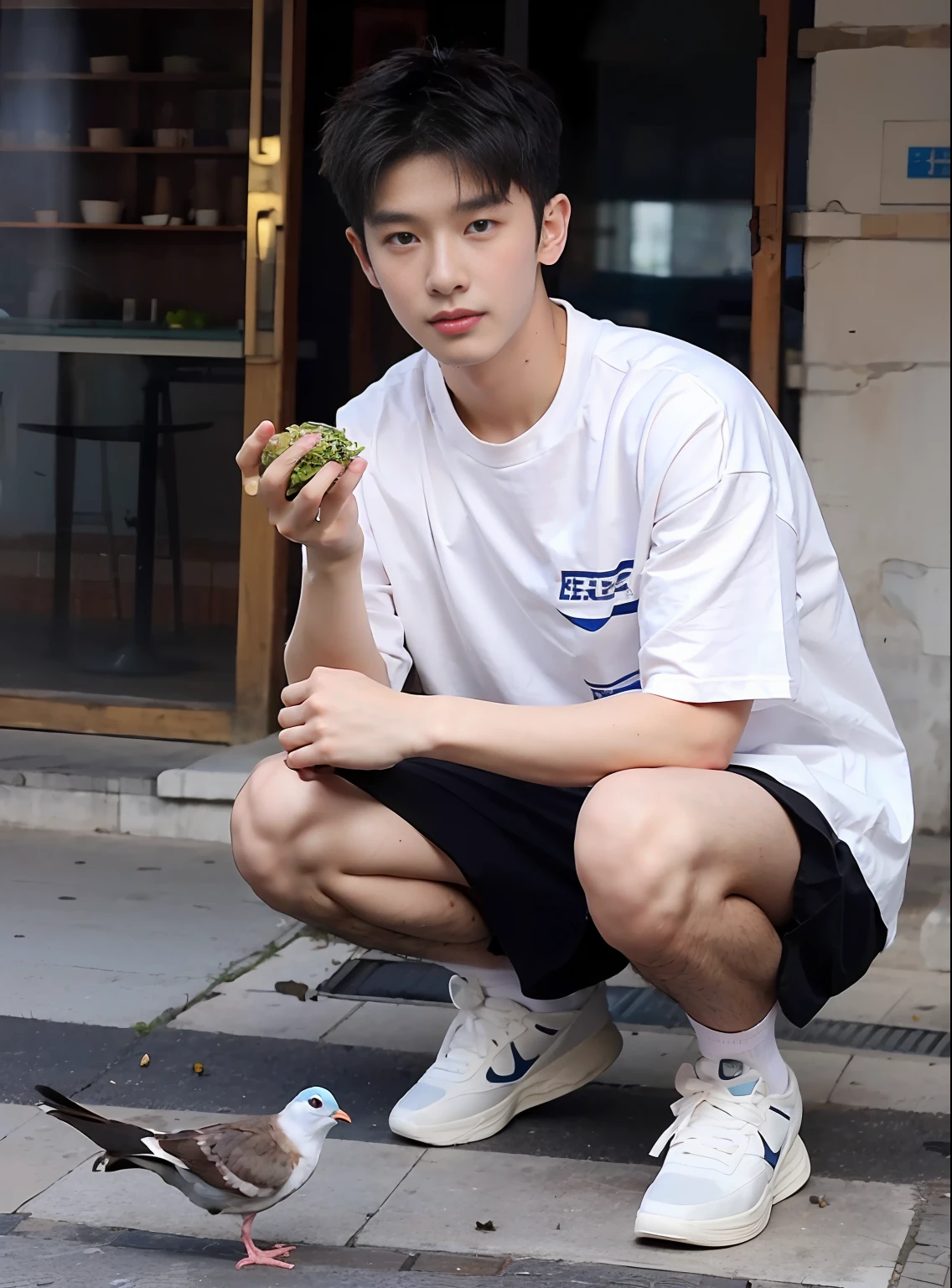 (Chinese handsome: 1.5), two men squatting in square feeding pigeons, realistic details, realistic photos, textured skin, looking into the camera, 18 years old boy, studio, danshi koukousei, model, long legs