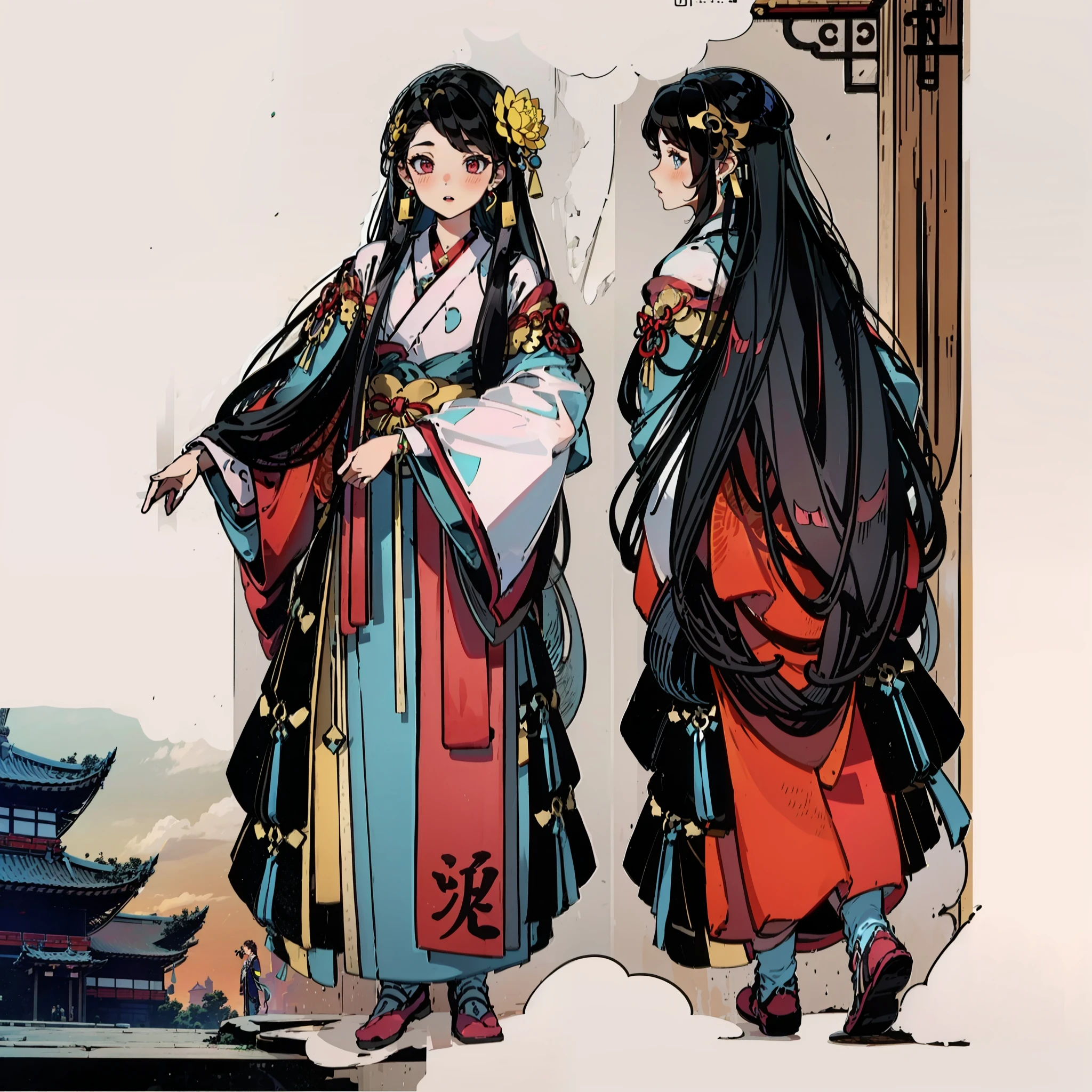 (character design sheet, same character, front, side, back), a girl, wearing hanfu, lotus leaf, best quality, master, (full body:1), highres, pretty face, hair accessories, (solo:1), looking at viewer, lips, dress, heal order, necklace, jewelry, (ridiculous long hair: 1.4), earrings, hanfu, architecture, East Asian architecture, hanfu, (authenticity:1.5), super high resolution, best quality, shameful blush, hair strands, behind arms, (expressive hair: 1.4) ,perfect body proportions,