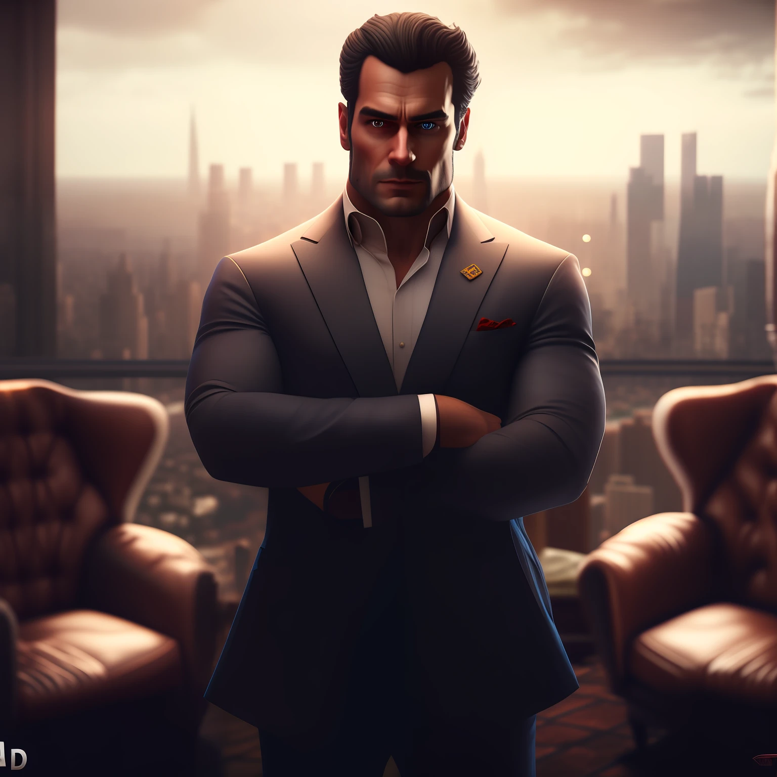 arafed man in a suit standing in front of a window with a city view, epic and classy portrait, handsome man, cinematic full character, cinematic realistic portrait, promotional render, male character, highly cinematic, arnold 3d render, arnold 3 d render, elegant cinematic pose, handsome stunning realistic, henry cavill as wolverine, high quality portrait --auto