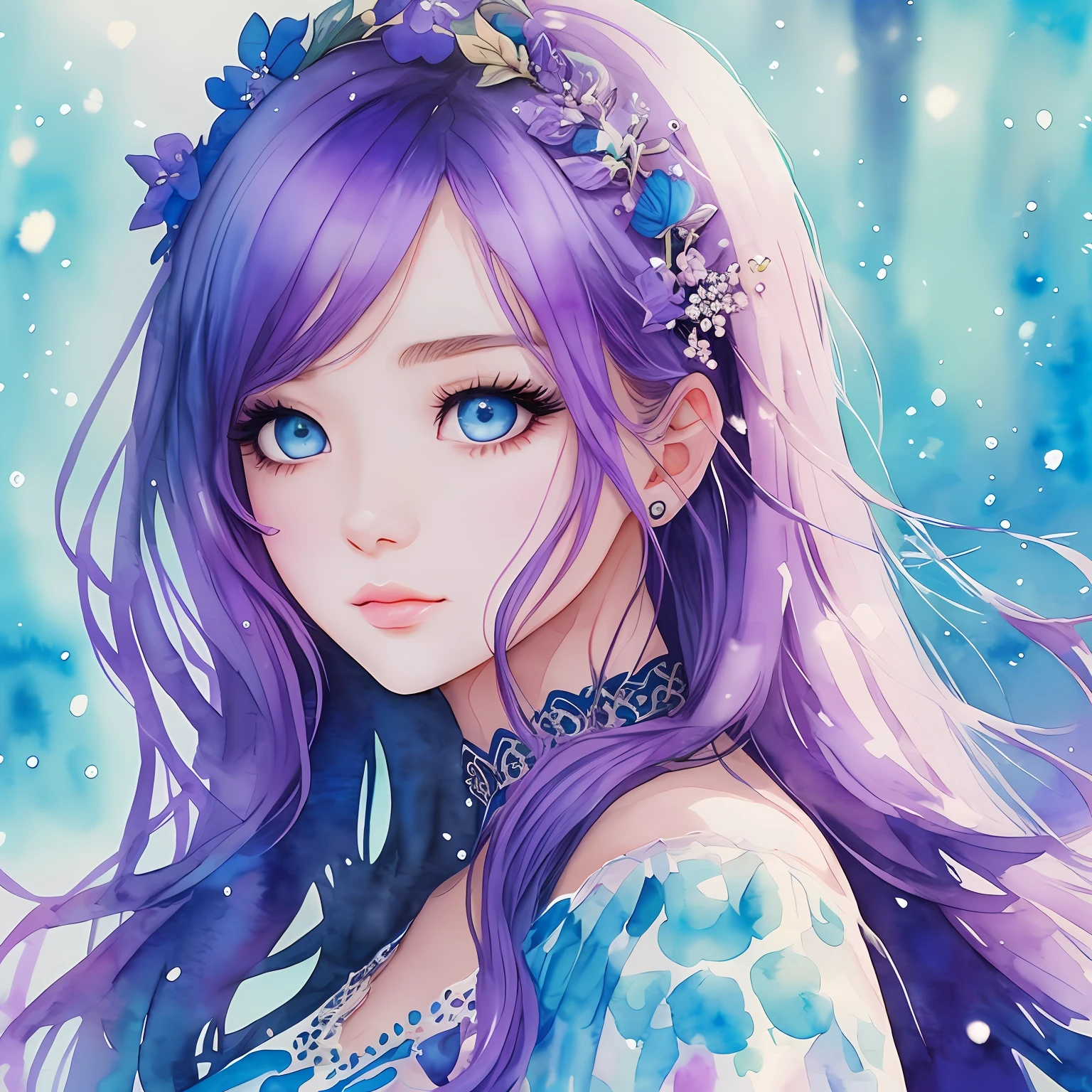 (Best Quality), (Masterpiece: 1.2), (Colorful: 0.9), (Ink Splash), (Color Splash), (Watercolor)), Sharp Focus, (Portrait Summer Goddess: 1.5), Cute Look, Elegant Blue-Violet Haircut, Beautiful and Detailed Face and Eyes, Elegant Clothes, Winter Snow Castle Background, Colored Water