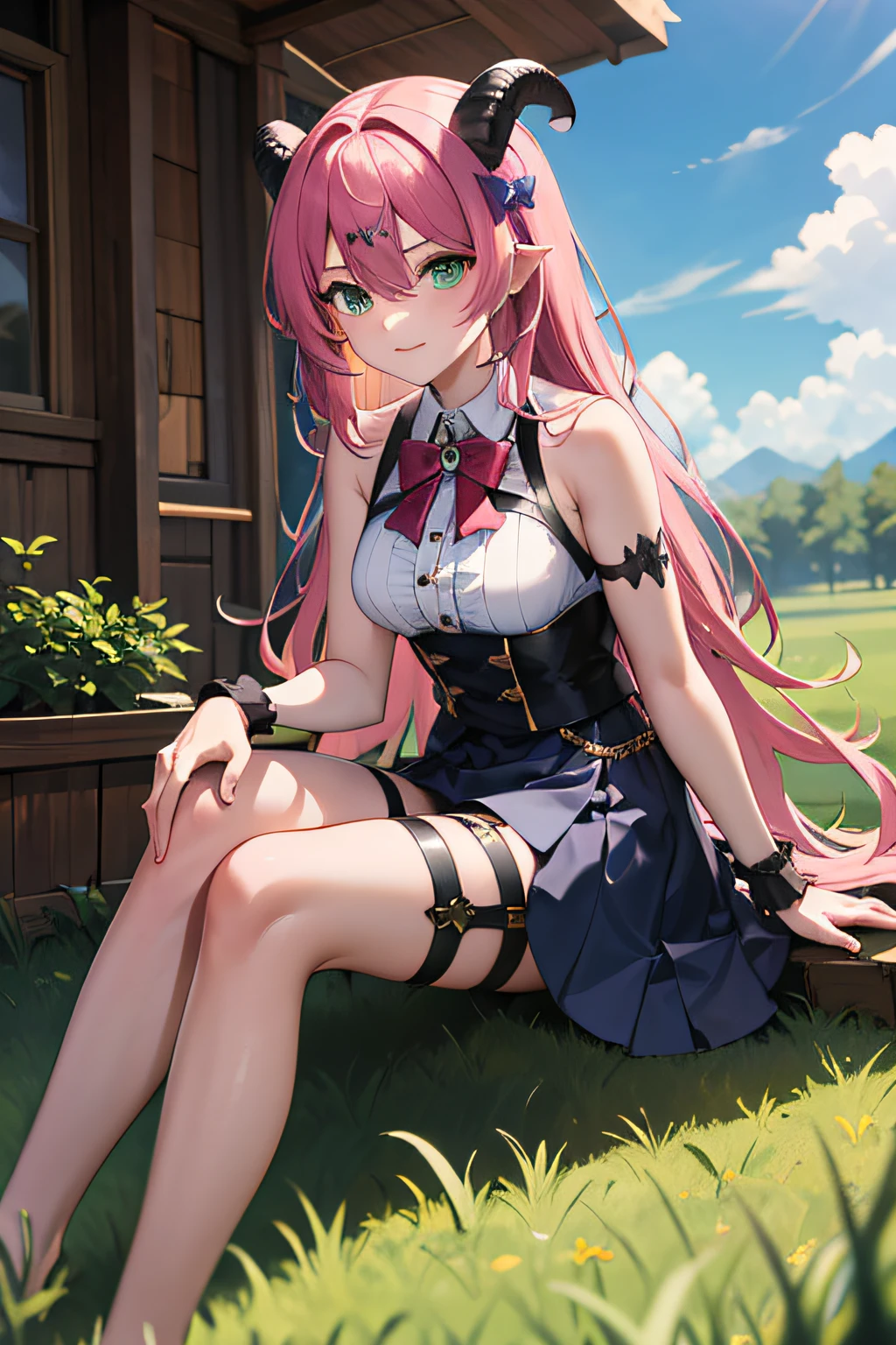 masterpiece, best quality, high resolution, aloe vera 1, 1 girl, outdoor, prairie, sitting on grass, solo, blue hair, asymmetrical horn, demon horn, hair accessory, blonde hair, chest strap, thighs, long hair, asymmetrical pants, pink hair, sleeveless, bare shoulders, demon tail, thigh straps, wristcuffs, green eyes, black armband, blue skirt skirt, horn bow, sleeveless corner ornament, bangs, hair between eyes, bow in hand, arrow,