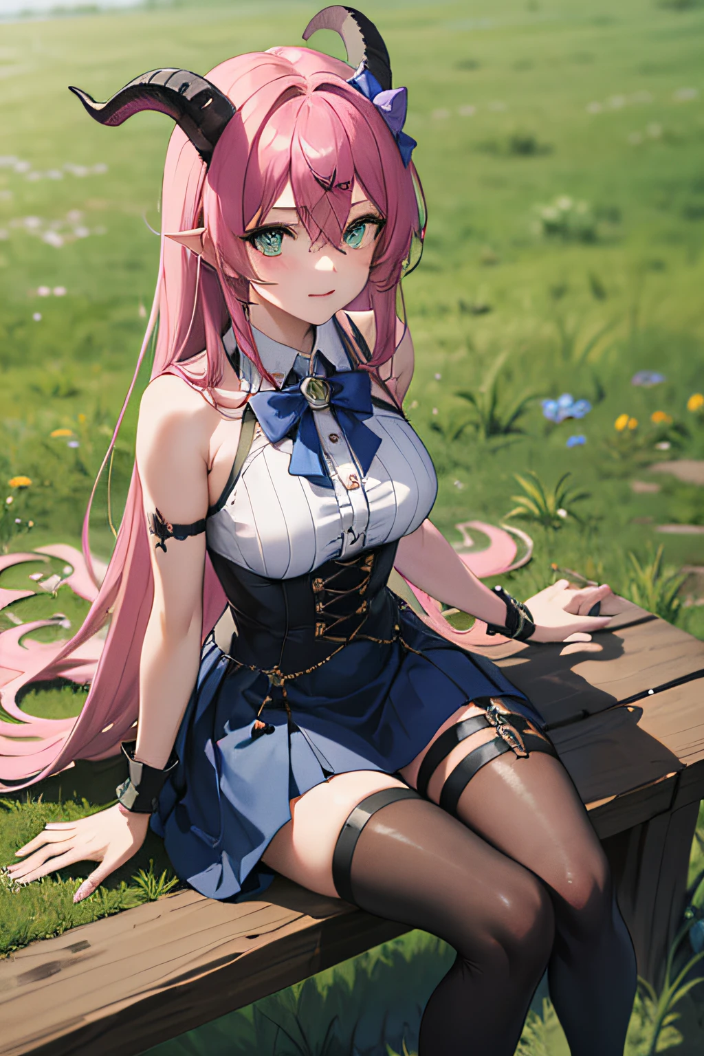 masterpiece, best quality, high resolution, aloe vera 1, 1 girl, outdoor, prairie, sitting on grass, solo, blue hair, asymmetrical horn, demon horn, hair accessory, blonde hair, chest strap, thighs, long hair, asymmetrical pants, pink hair, sleeveless, bare shoulders, demon tail, thigh straps, wristcuffs, green eyes, black armband, blue skirt skirt, horn bow, sleeveless corner ornament, bangs, hair between eyes, bow in hand, arrow,