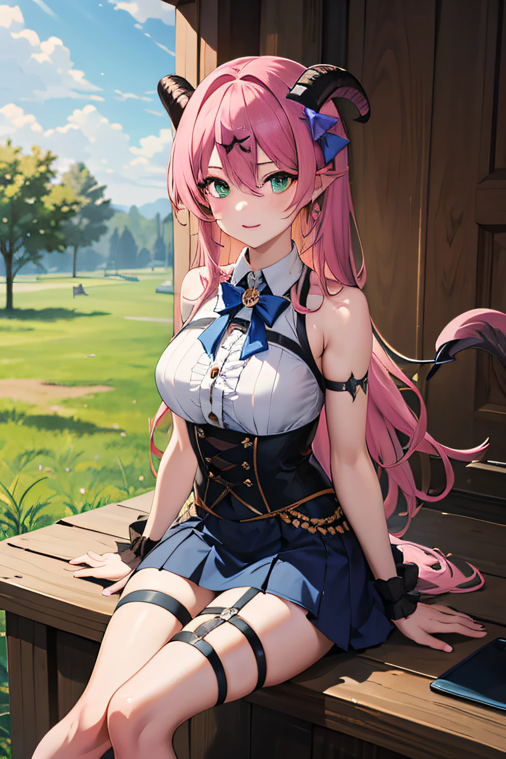 masterpiece, best quality, high resolution, aloe vera 1, 1 girl, outdoor, prairie, sitting on grass, solo, blue hair, asymmetrical horn, demon horn, hair accessory, blonde hair, chest strap, thighs, long hair, asymmetrical pants, pink hair, sleeveless, bare shoulders, demon tail, thigh straps, wristcuffs, green eyes, black armband, blue skirt skirt, horn bow, sleeveless corner ornament, bangs, hair between eyes, bow in hand, arrow,