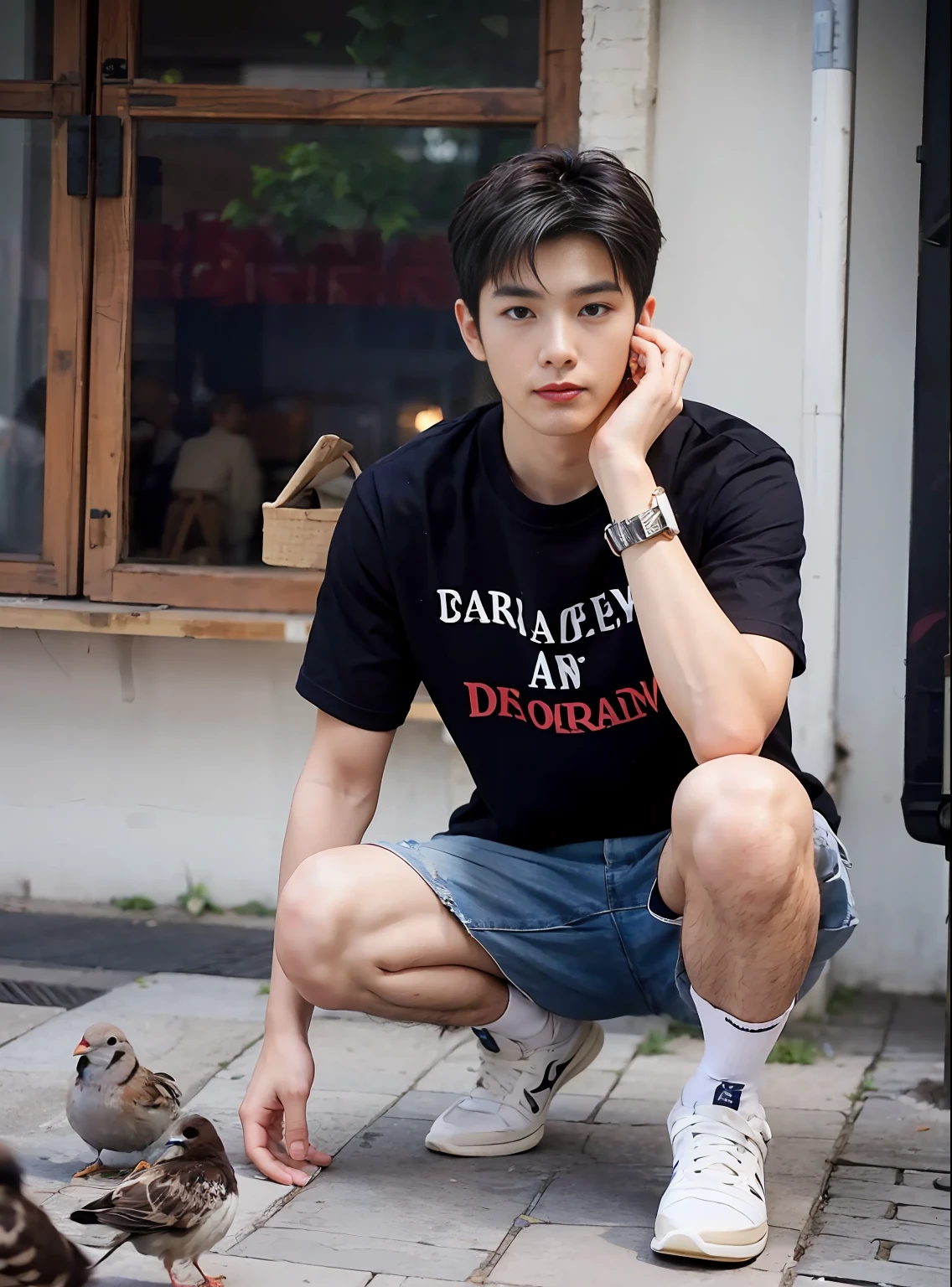 (Chinese handsome: 1.5), two men squatting in square feeding pigeons, realistic details, realistic photos, textured skin, looking into the camera, 18 years old boy, studio, danshi koukousei, model, long legs