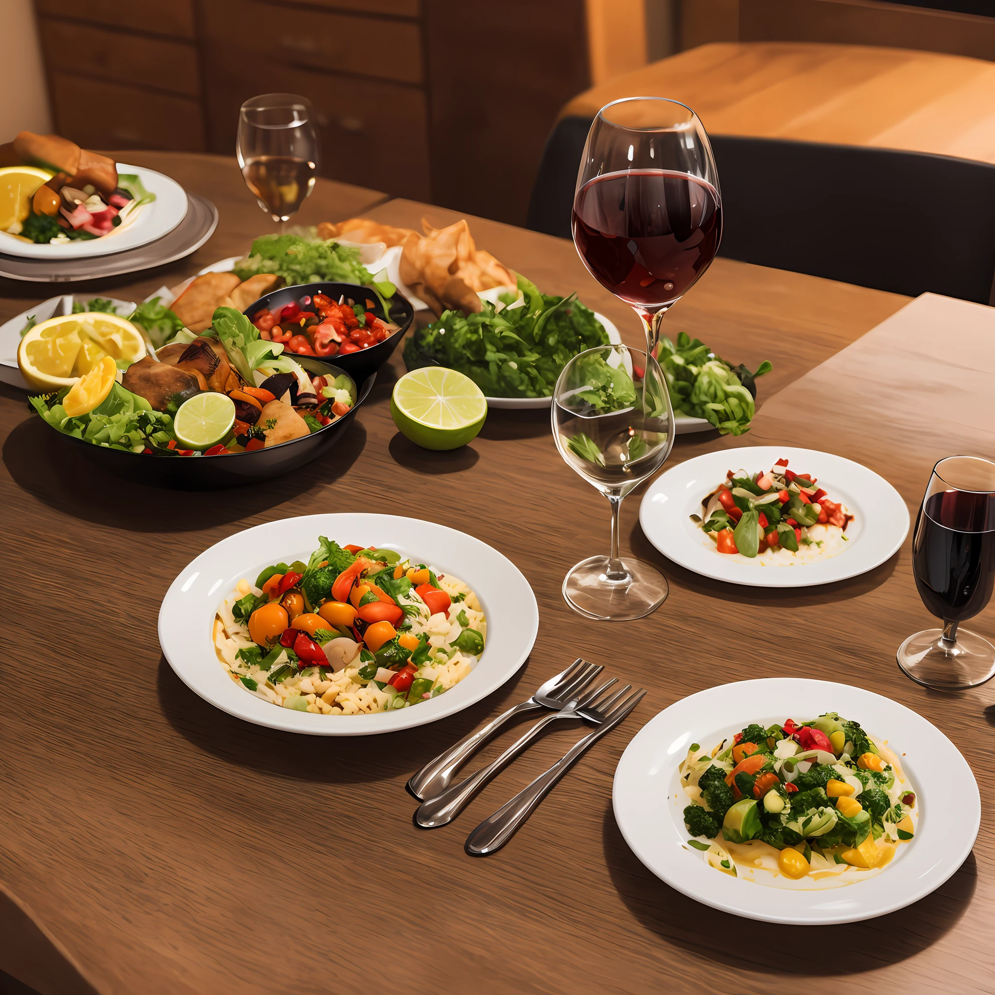 Wine glasses and colorful vegetable dishes are laid out on the table. There is only one wine glass and one vegetable dish. The angle is from the side and the wine glass should be up. The lighting is soft, warm tones, which complement the bright colors of the dish. The background is blurred and emphasizes the subject. The camera is a Canon EOS 5D Mark IV DSLR and the lens is an EF 50mm f/1.8 STM. It has a resolution of 30.4 megapixels, an ISO sensitivity of 100 and a shutter speed of 1/125 of a second. –ar 16:9 –v 5.1 –style raw –q 2 –s 750 --auto