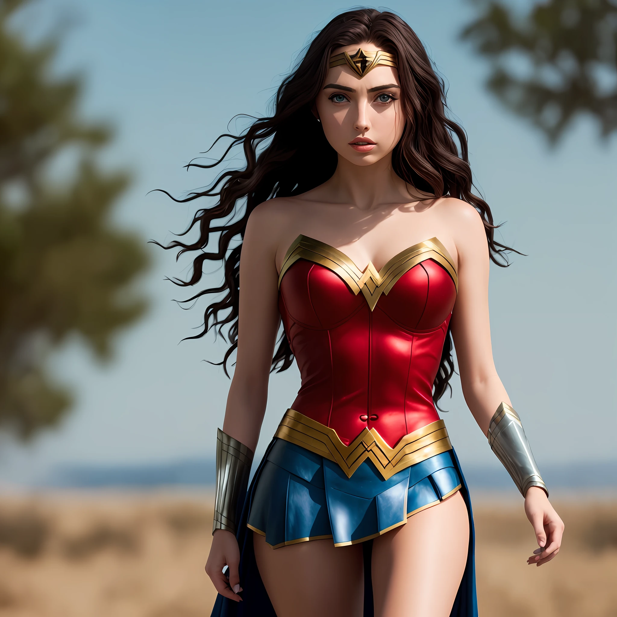 Ana de Armas, yellow hair, blue eyes, bandage, skirt, cosplay Wonder Woman, shot in dslr, detailed face, cinematography, maximum details, neutral colors, hdr, soft colors, soft cinematic light, insane details, intricate details, hyperdetailed, masterpiece, 8k, wallpaper, (detailed), hdr, high quality, ((highly detailed skin, cover details)), sharp focus, 8k uhd, dslr, high quality, film grain
