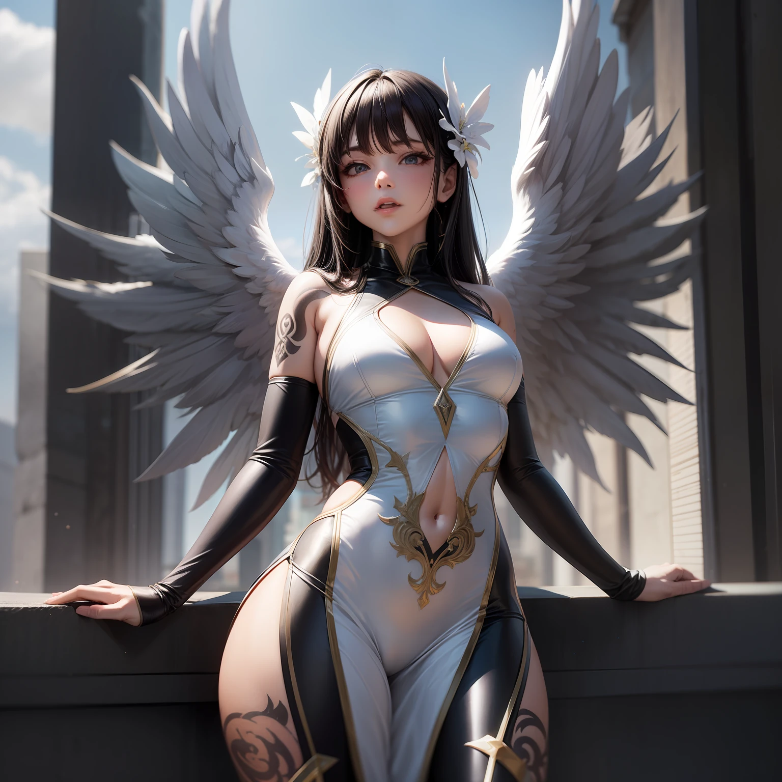 sensual dress, all tattooed body, low-cut dress, sun lighting, spandex dress, angel with white wings