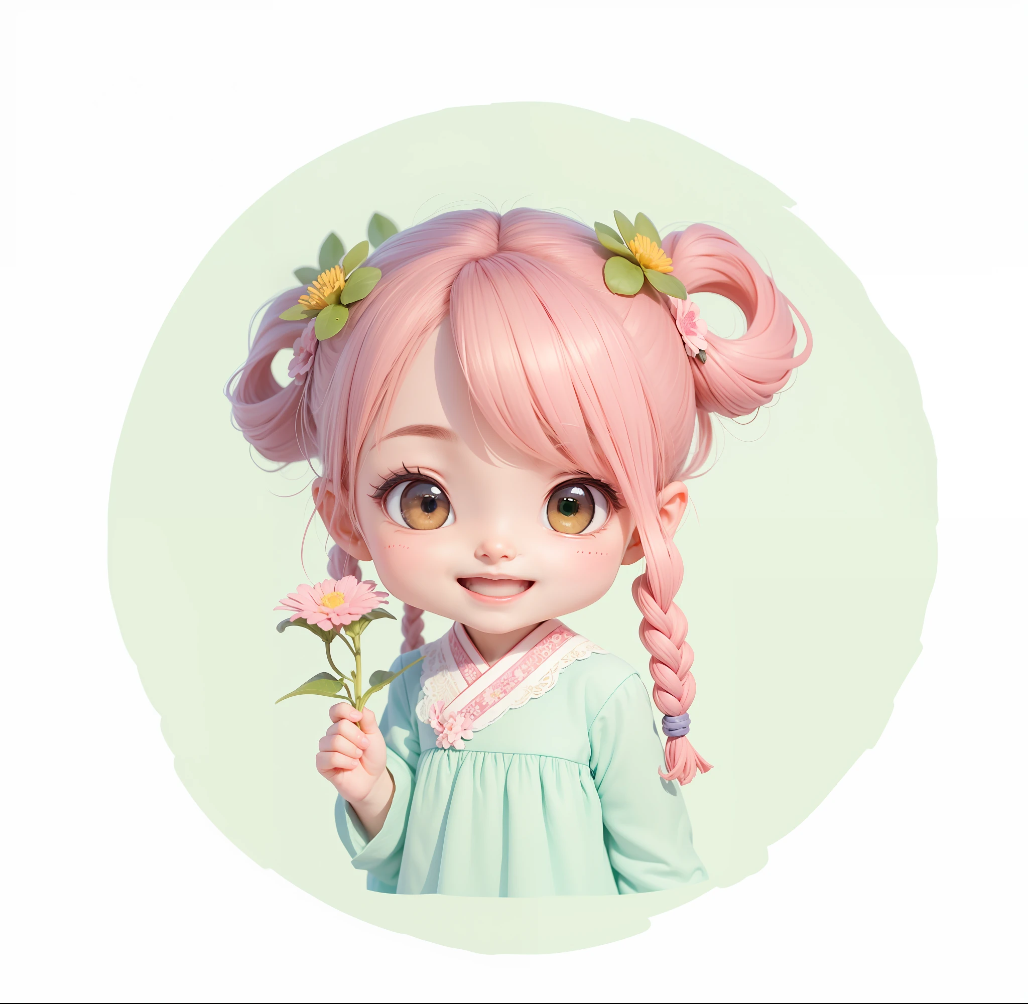 (Daisaku), (Excellent), (Super Meticulous), (Half 1.2), 1girl, Chibi, Cute, Smile, Open Mouth, Flower, Antique, Sweet, Small Face, Light Green Upper Body, Flower in Hand