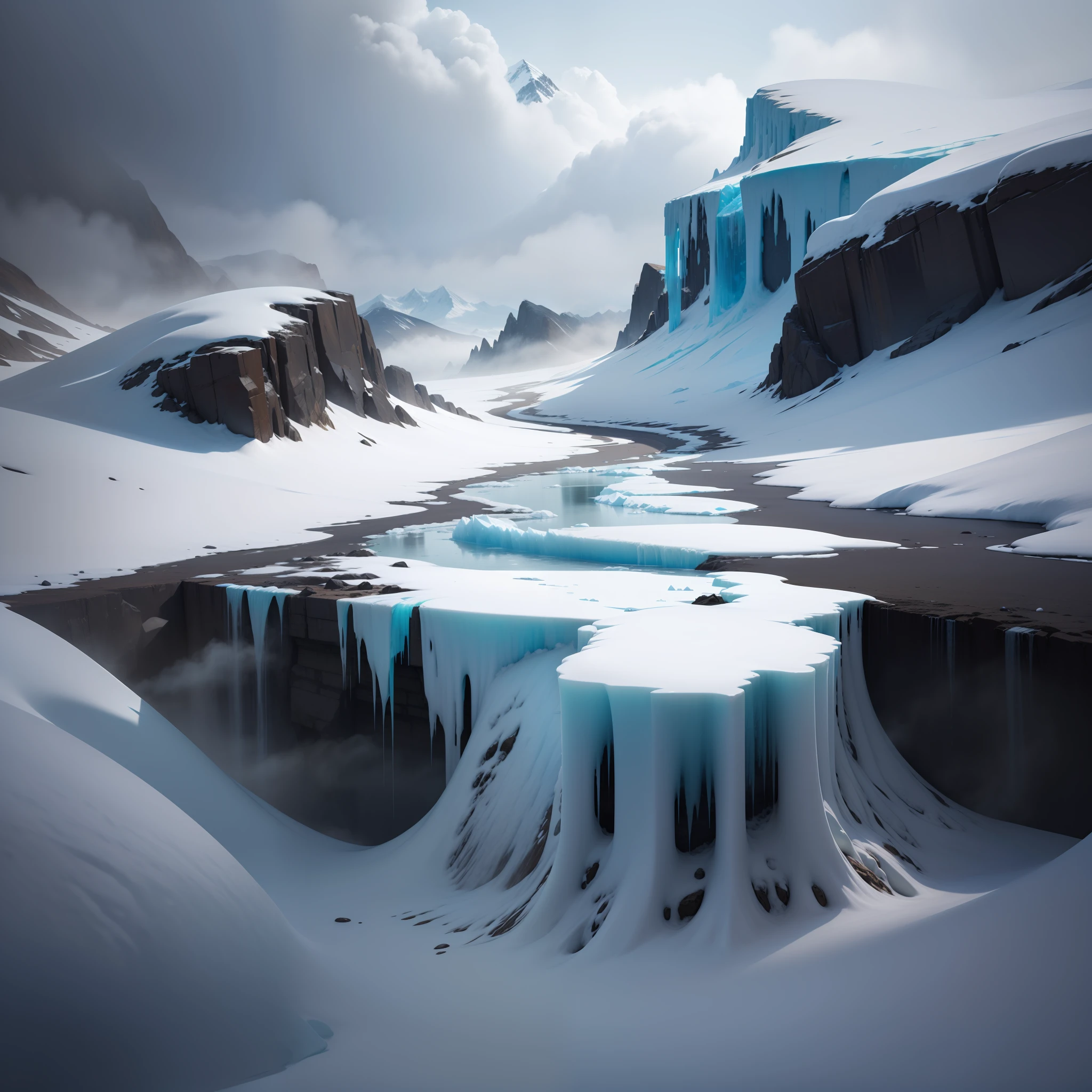 Best quality, super high resolution, (realism: 1.4), glaciers, snow, natural disasters, white sky, fog, blurred scenes, icicles, ice picks