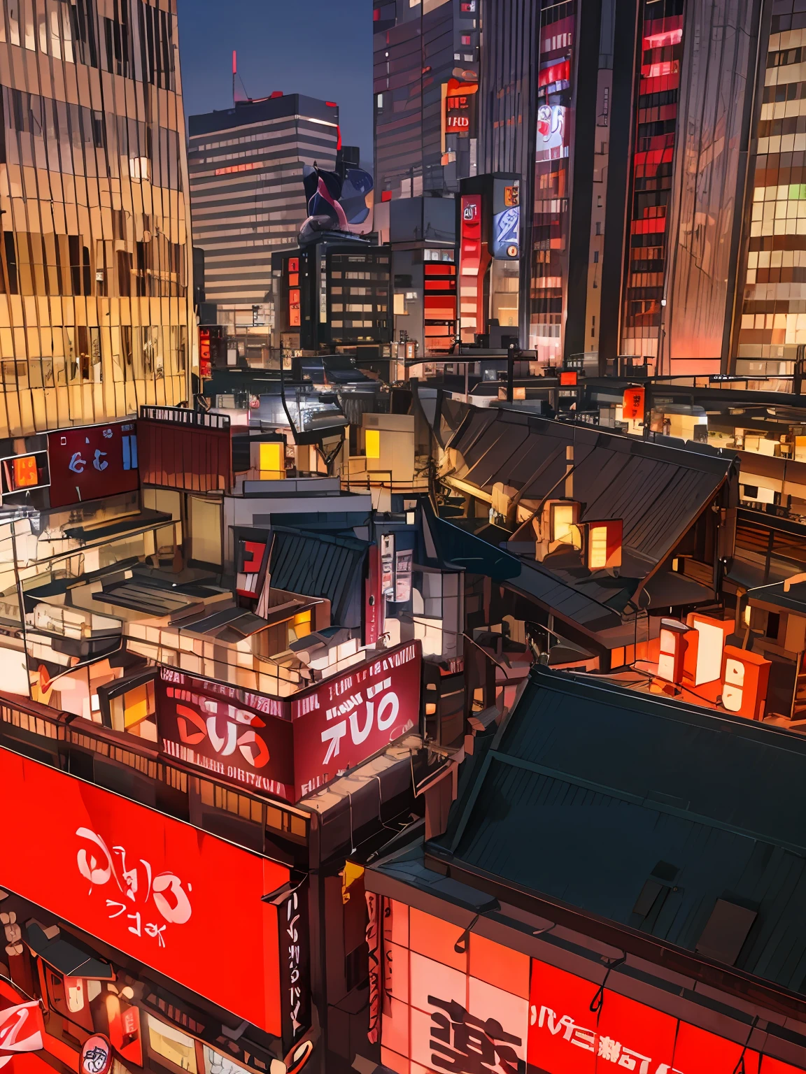 There are Tokyo rooftops, Japan downtown areas, Tokyo futuristic backgrounds, futuristic Tokyo rooftops, Tokyo anime scenes, Tokyo futuristic and clean, Tokyo on rooftops, buildings with signs.