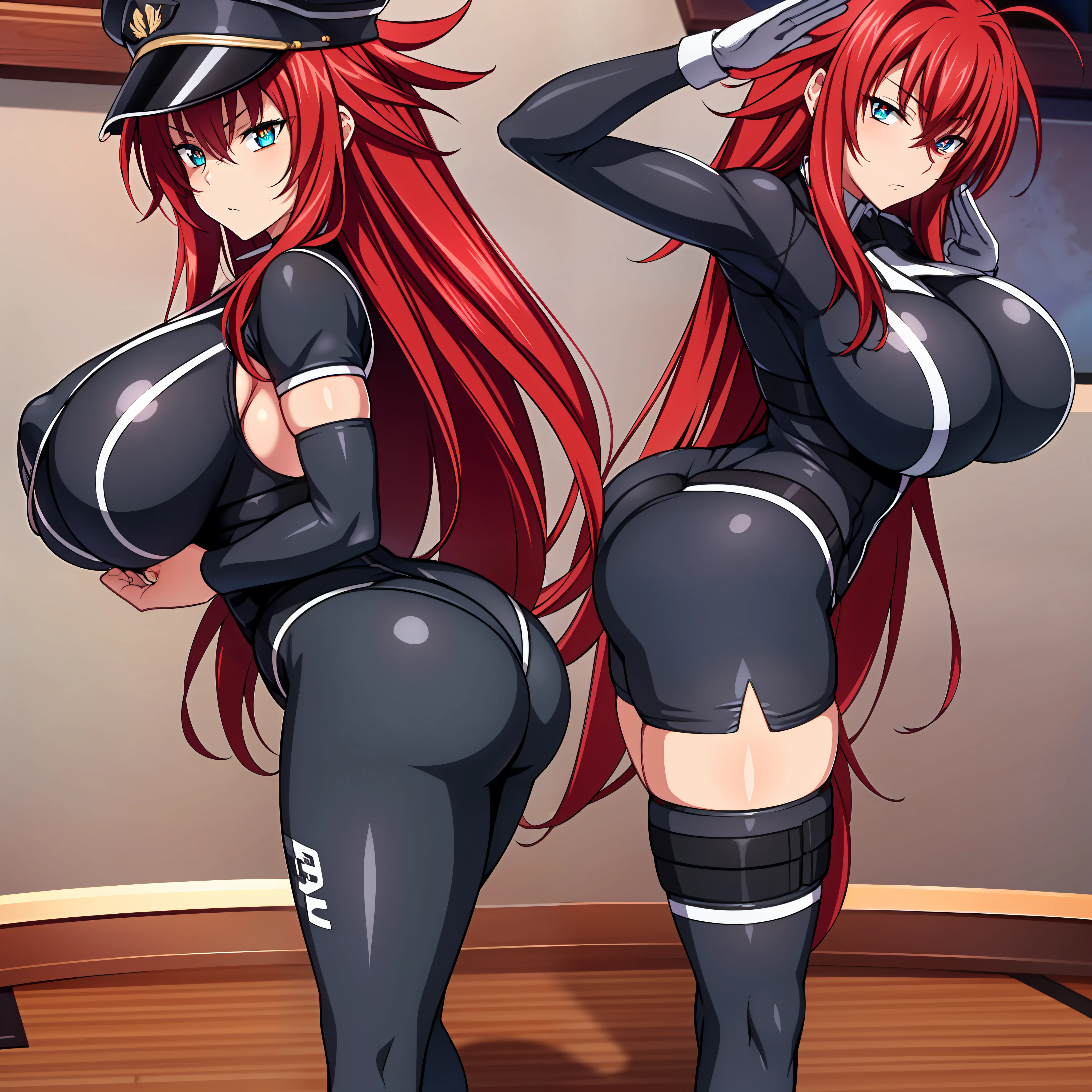 Rias gremory , long hair, huge breasts, huge ass, wide hips, expressionless, bodysuit, platform heels, hypnotized, garrison cap, saluting, standing at attention, looking at you, full body shot, thick thighs, HD, 4K, high details, full body shot, symbol-shaped pupils, heart-shaped pupils, red hair, muscle girl, SMS-uniform, full body