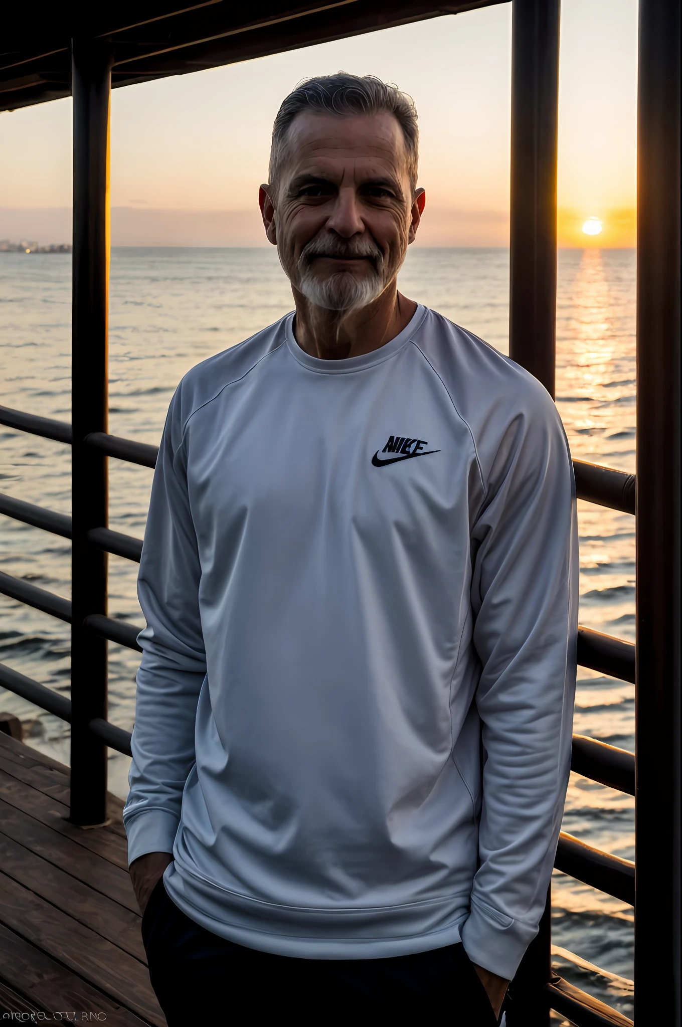 RAW photo, a portrait photo of jvzeris in nike clothes, natural skin, 8k uhd, high quality, 50mm lens, santamonica pier, Golden hour, sunset background