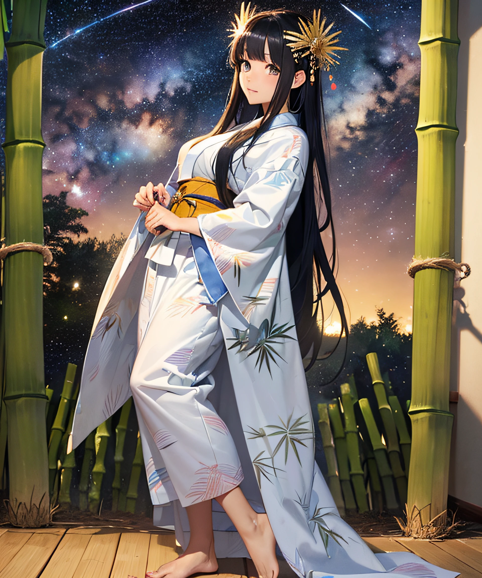 Masterpiece, highest quality, realistic, (((Tanabata: 1.8)))), ((Star Festival: 1.5)), (Orihime in a yukata and waiting for her with long black hair and a large star-shaped hair ornament and looks sideways at the viewer with a lonely expression)))), (((Galactic stars in the dark night sky)), 20 years old, full body, photorealistic, ((leans on bamboo with a large amount of thin colored paper)), calf, barefoot