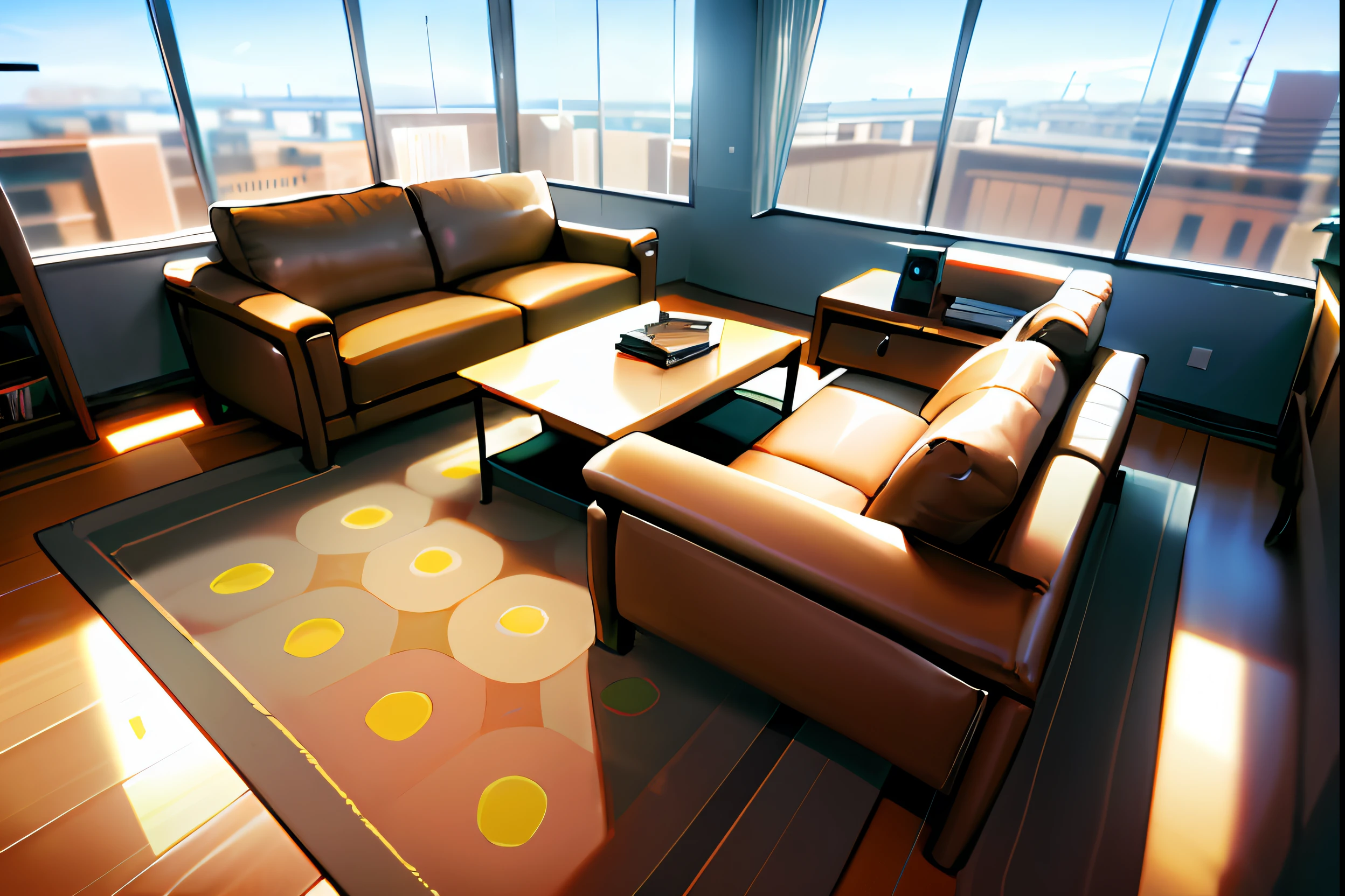 there is a living room with a couch, chair, coffee table and television, leather couches, warm colored furniture, beautiful views, floor - to - ceiling windows, leather couch, vip room, penthouse, lounge furniture, placed in a large living room, cozy environment, sitting in a lounge, bay window sofa, leather sofa, interior living room, extremely high resolution