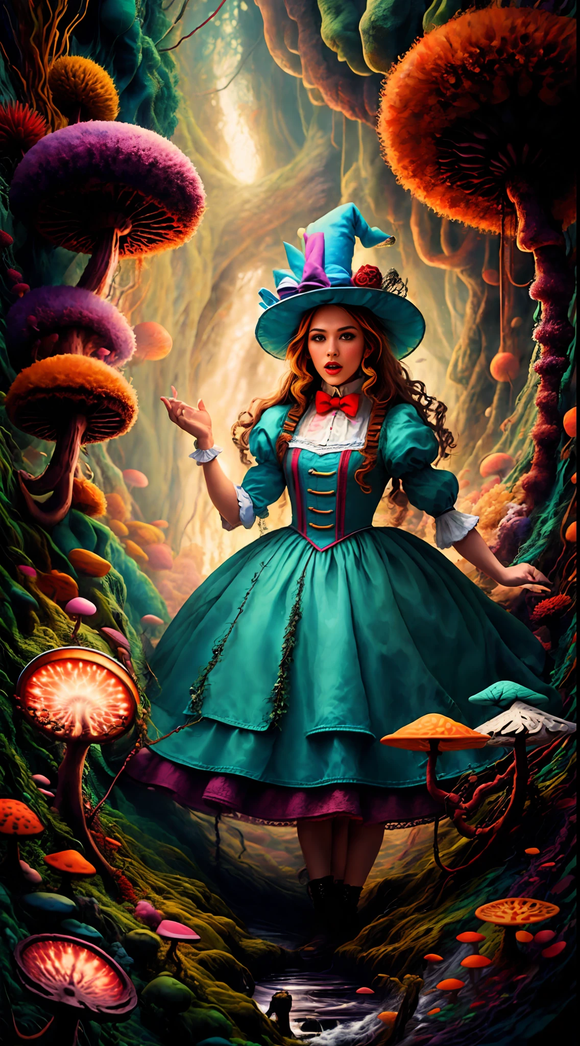 The crazy hat, or hat, character of Alice in Wonderland, in his crazy world with lush and detailed hat designs, his hat workshop, extravagant hats, crazy designs, colors