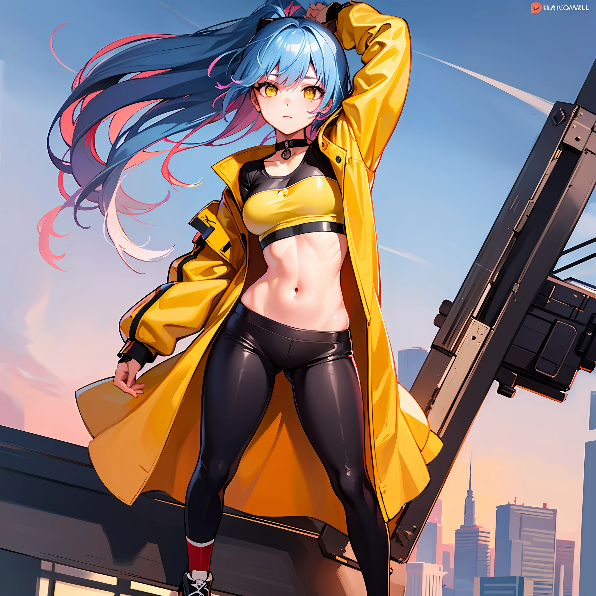 (1girl, solo, best resolution, high quality, masterpiece, ultra-detailed), light blue hair, yellow jacket, yellow eyes, on top of a roof of a skyscraper, looking sideways, legging pants, choker, red highlights, sunset